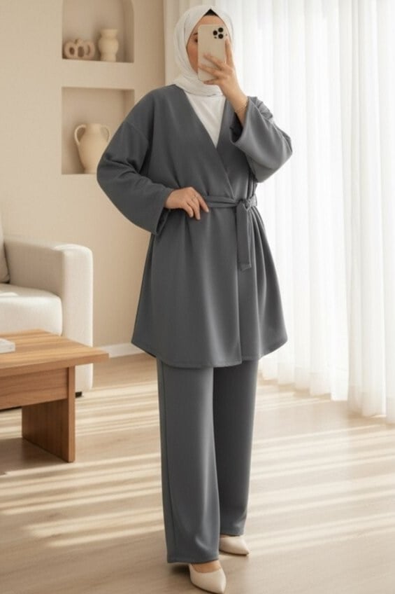 Beli Çift Bağlamalı Scuba Kimono Takım  -Füme