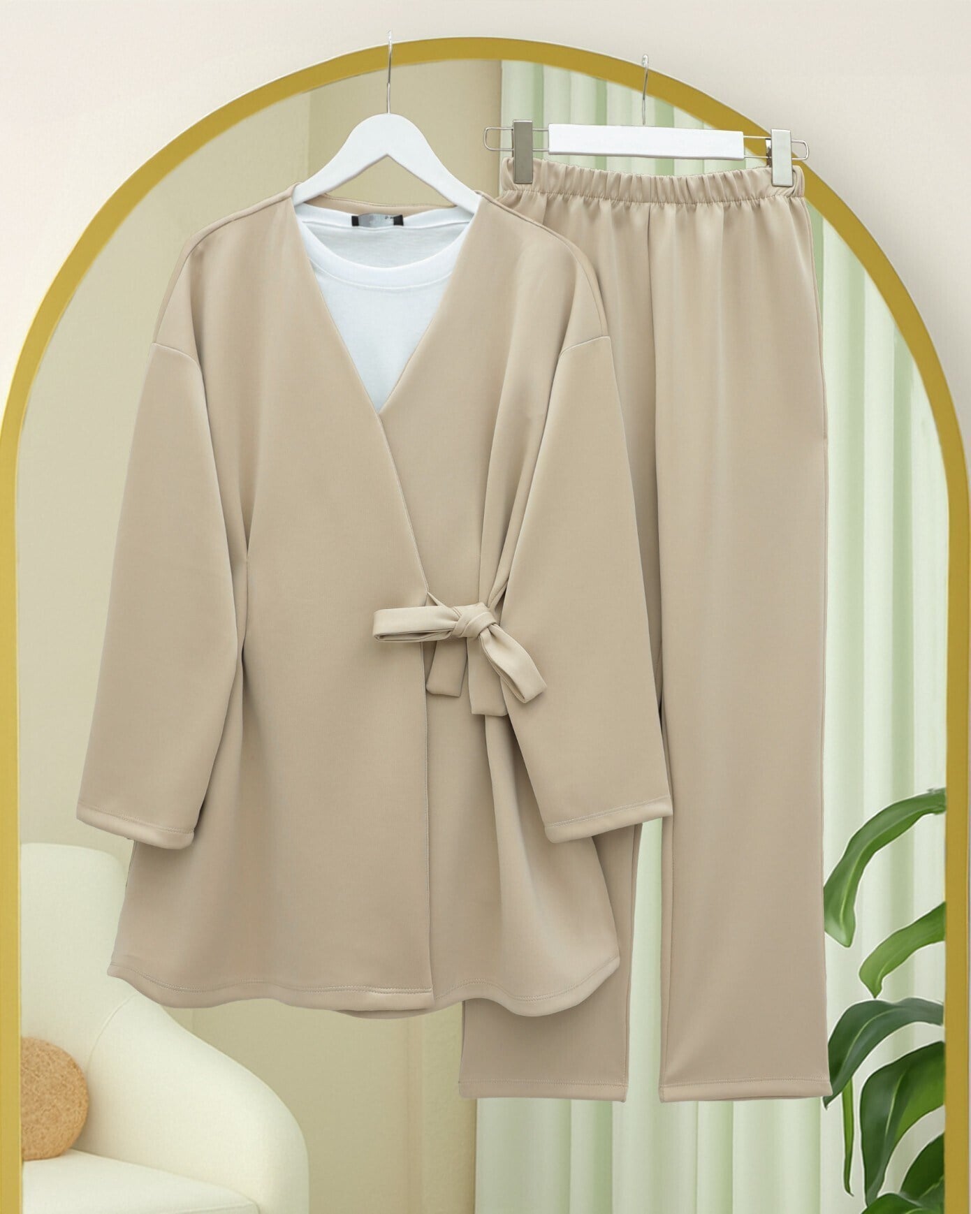 Beli Çift Bağlamalı Scuba Kimono Takım  -Bej