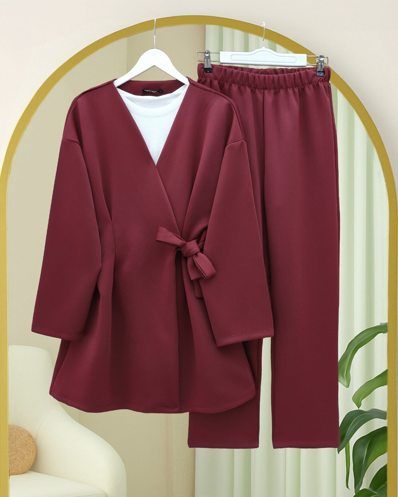 Beli Çift Bağlamalı Scuba Kimono Takım  -Bordo