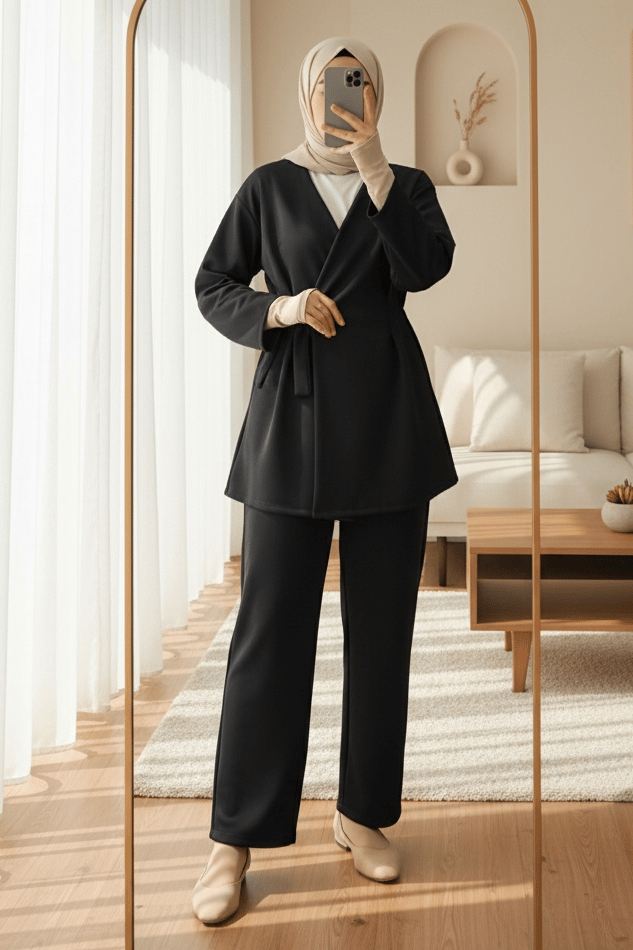Beli Çift Bağlamalı Scuba Kimono Takım  -Siyah