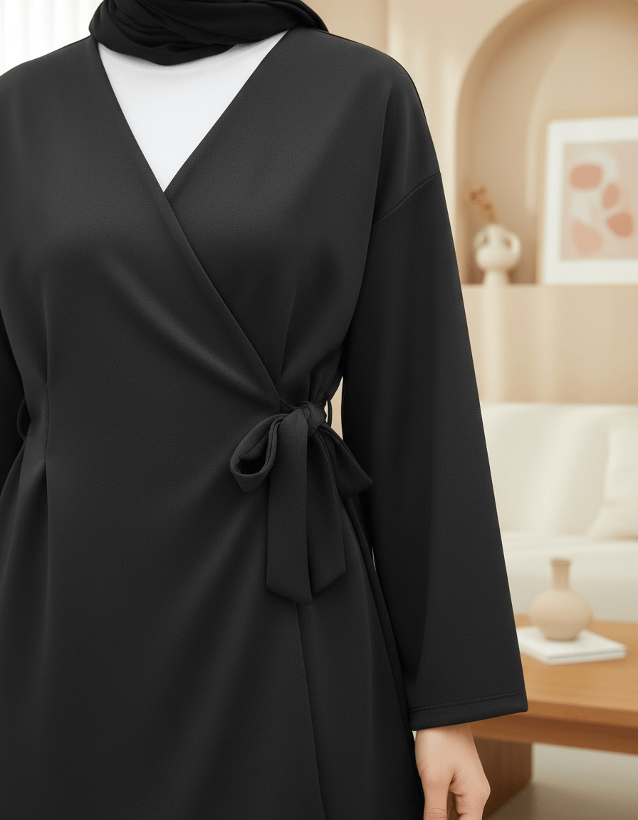 Beli Çift Bağlamalı Scuba Kimono Takım  -Siyah