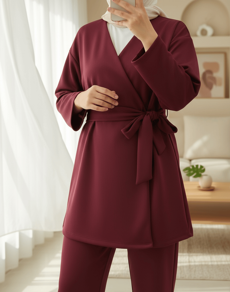 Beli Çift Bağlamalı Scuba Kimono Takım  -Bordo