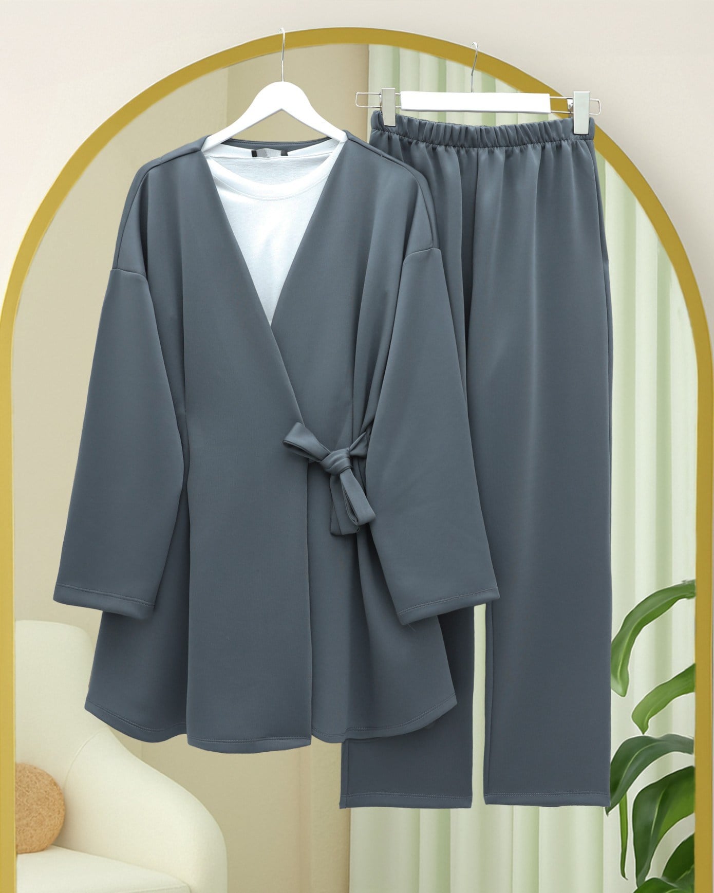 Beli Çift Bağlamalı Scuba Kimono Takım  -Füme