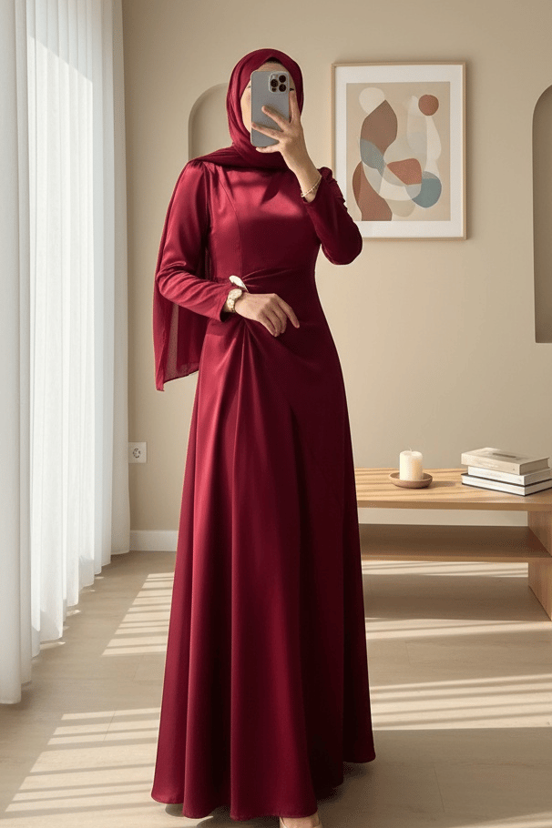 Beli Drapeli Düz Saten Elbise -Bordo