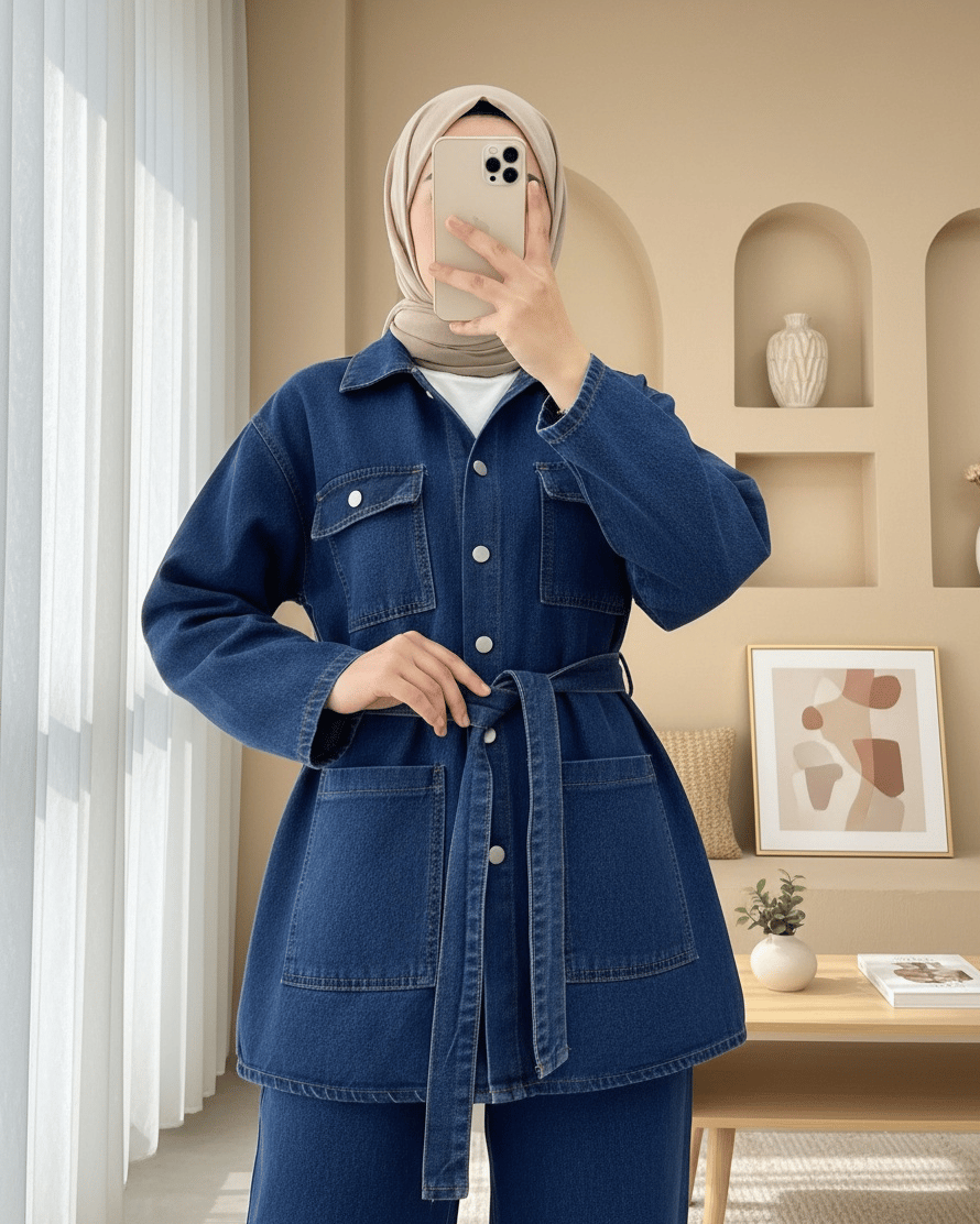 Beli Kemerli Cepli Önü Düğmeli Kot Takım -İndigo
