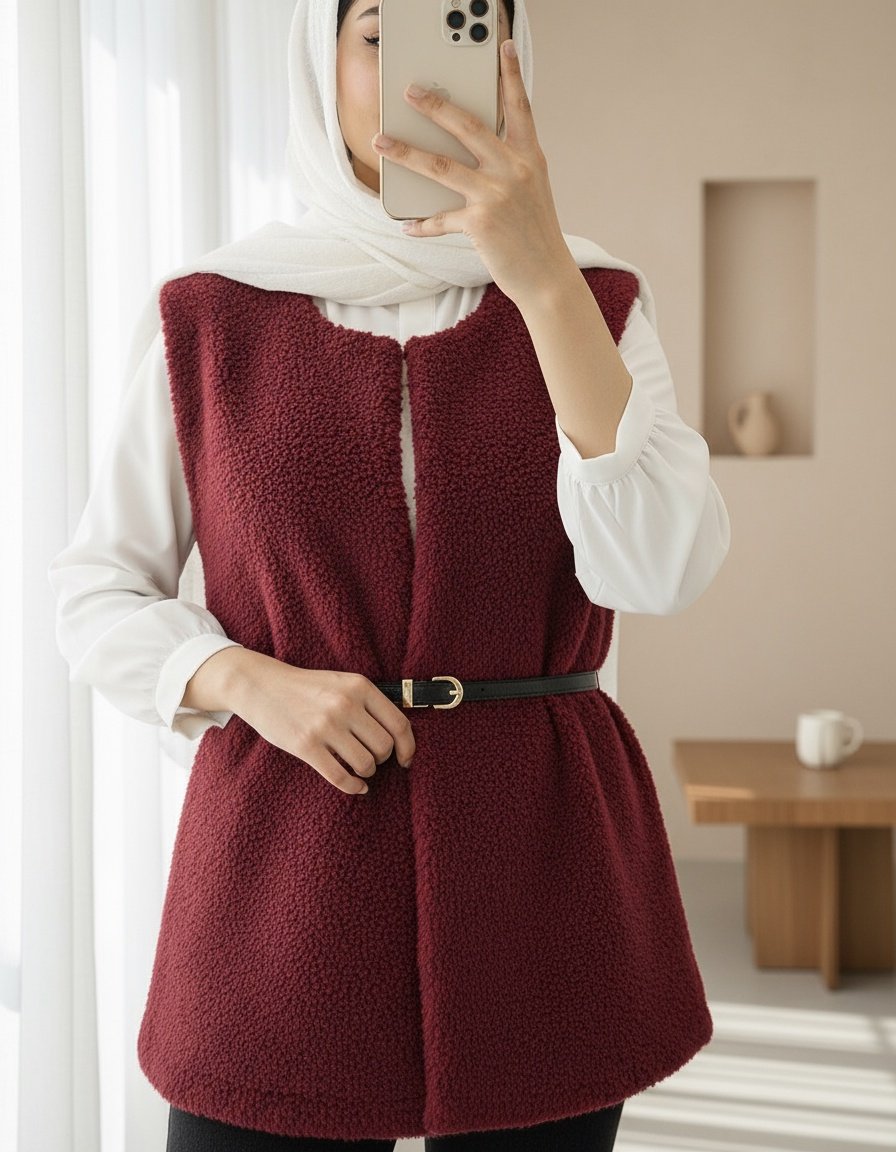 Beli Kemerli Çift Cepli Astarlı Peluş Yelek -Bordo