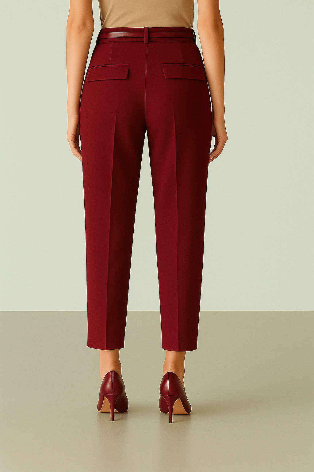 Beli Kemerli Çift Cepli Pantolon  -Bordo