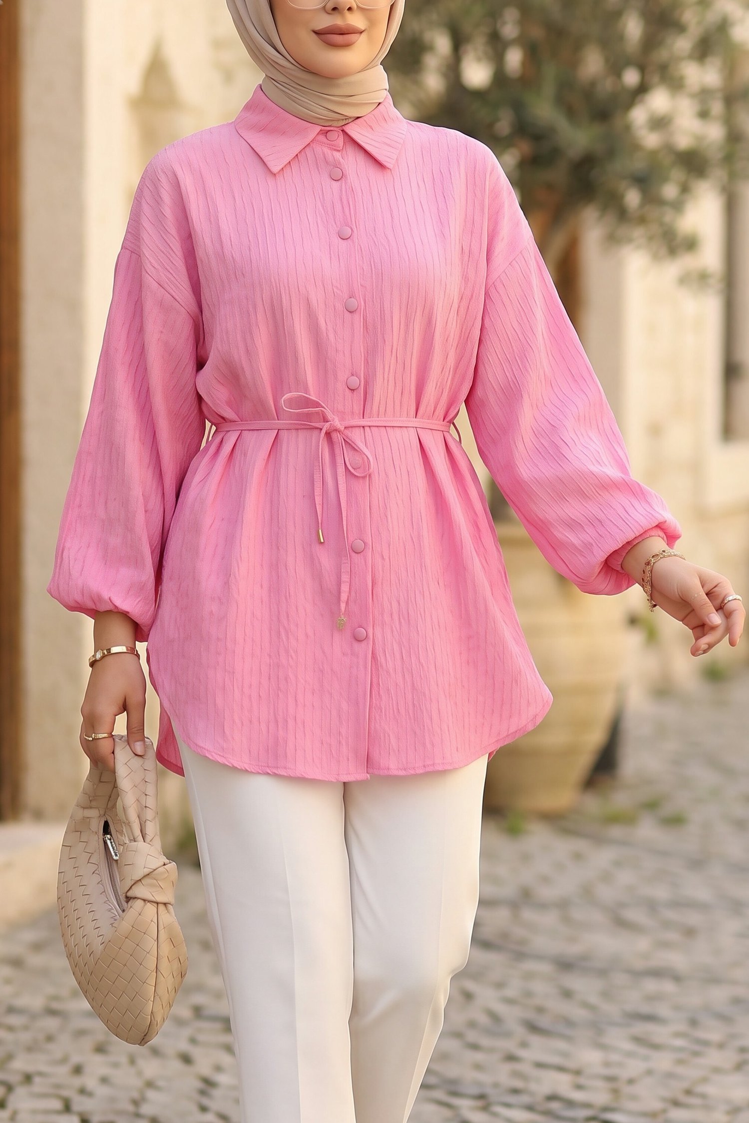 Beli Kemerli Dikiş Ve Pul Detaylı Düğmeli Gömlek -Pembe