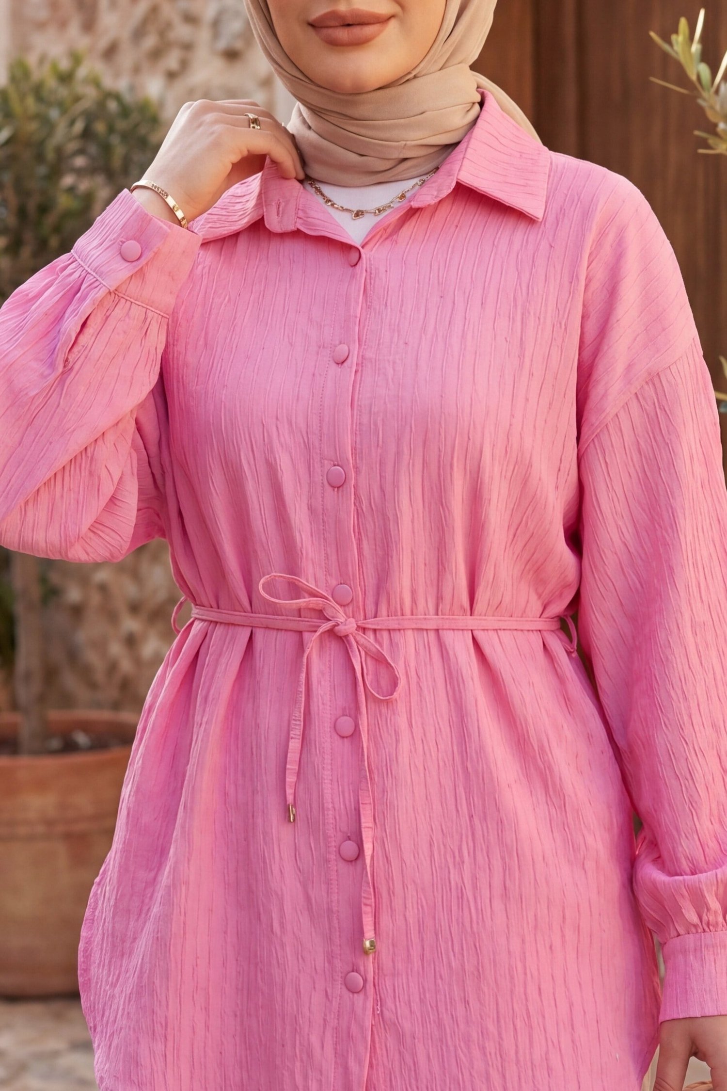 Beli Kemerli Dikiş Ve Pul Detaylı Düğmeli Gömlek -Pembe