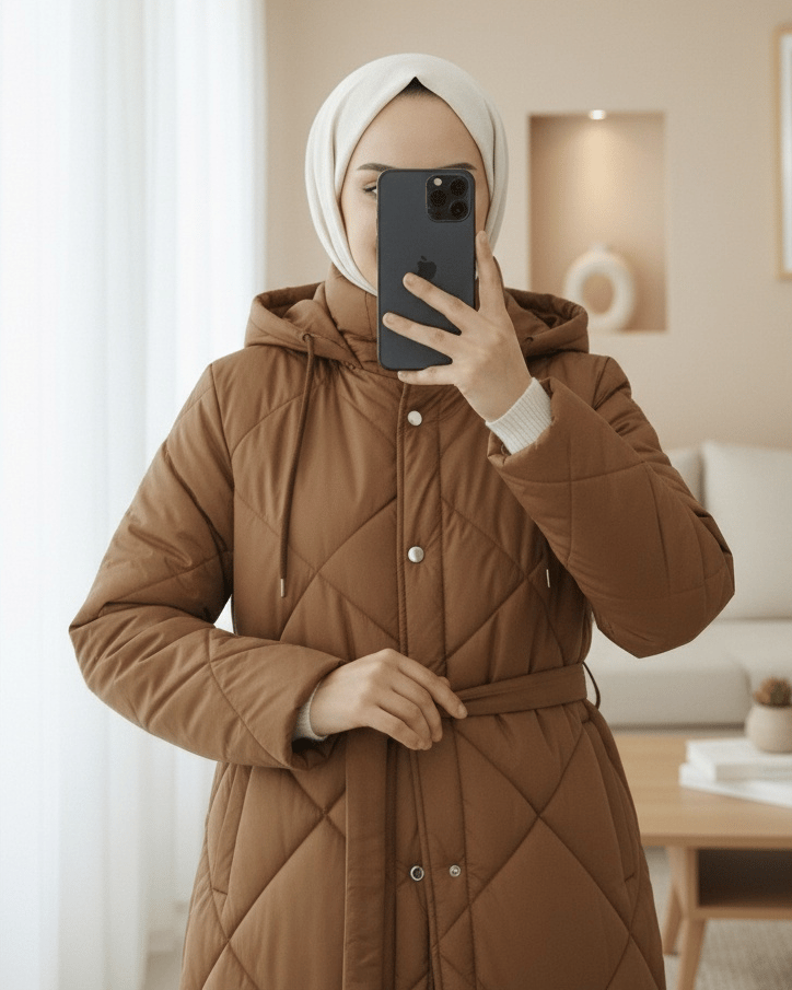 Beli Kemerli Önü Çıtçıtlı Kapşonlu Astarlı Uzun Kapitone Mont -Taba