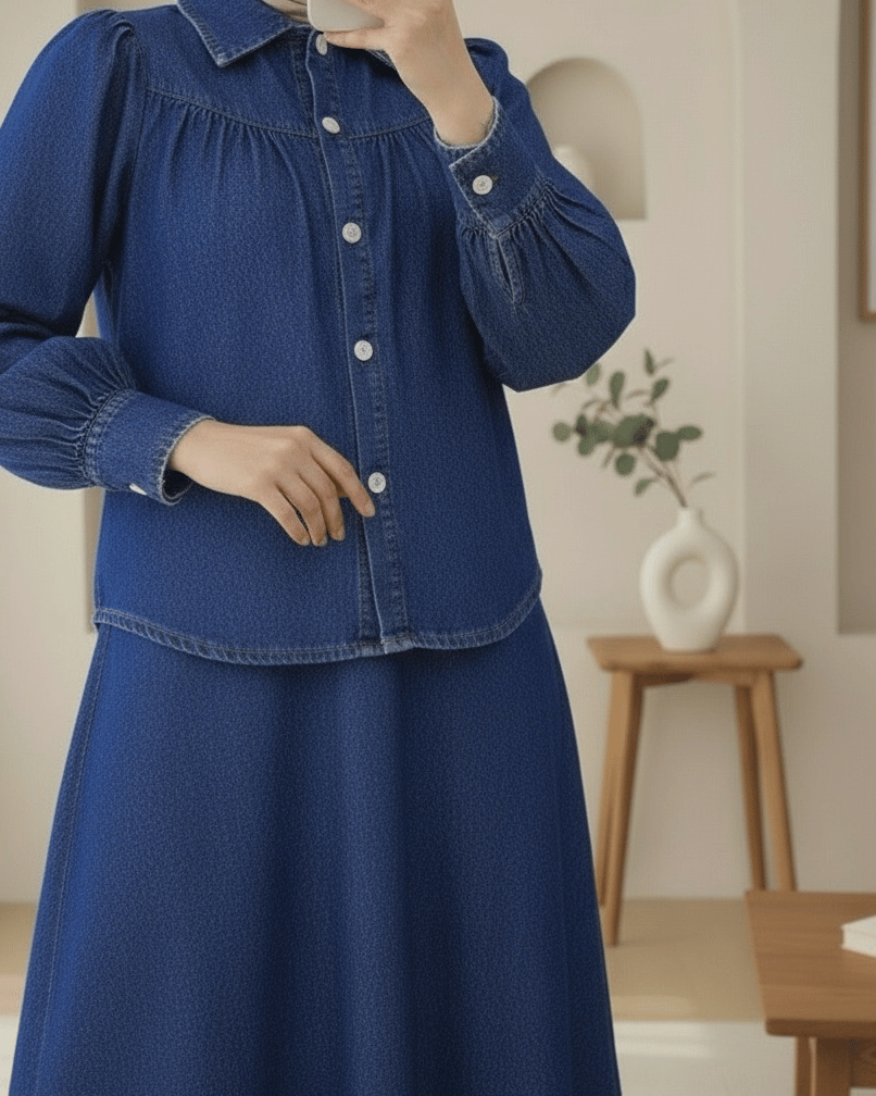 Beli Kemerli Önü Düğmeli Etekli Kot Takım -Laci
