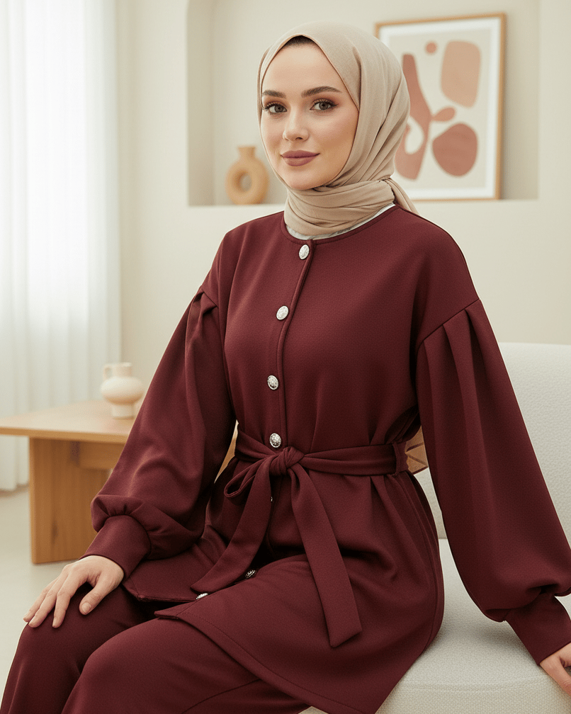 Beli Kemerli Önü Düğmeli Pantolonlu Scuba Takım  -Bordo