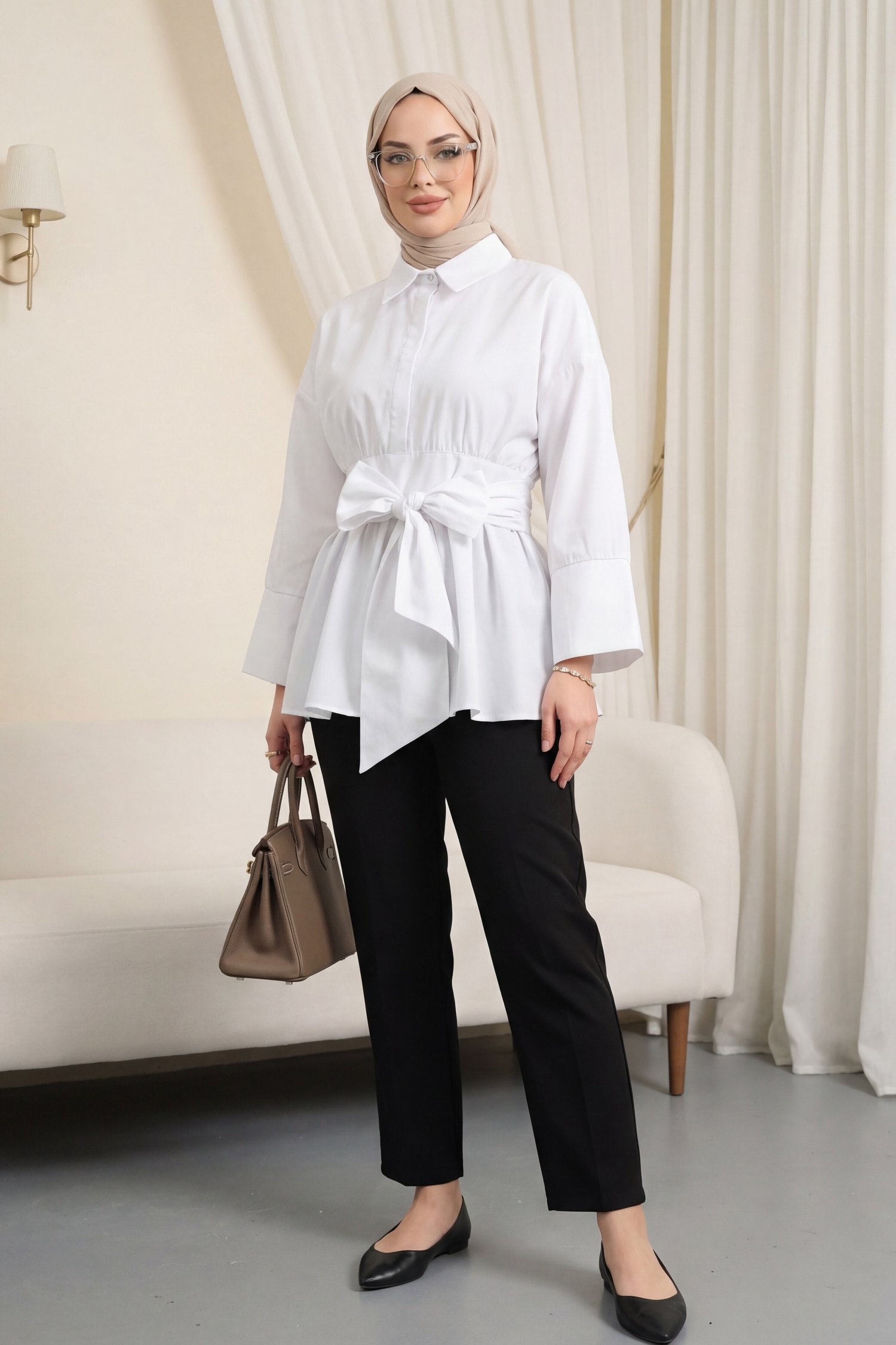 Beli Korsajlı Gizli Patlı Kuşaklı Poplin Tunik -Beyaz