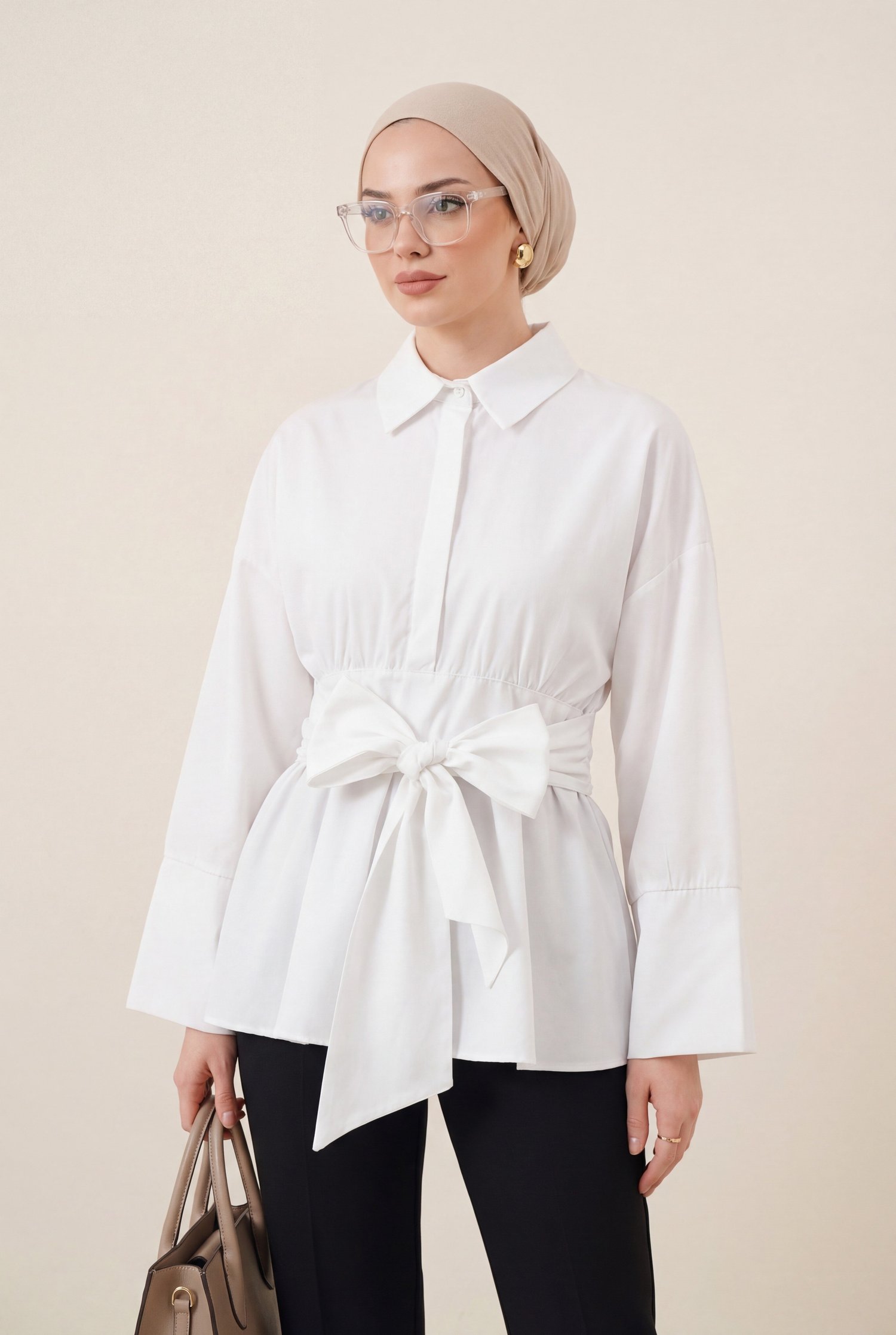 Beli Korsajlı Gizli Patlı Kuşaklı Poplin Tunik -Beyaz