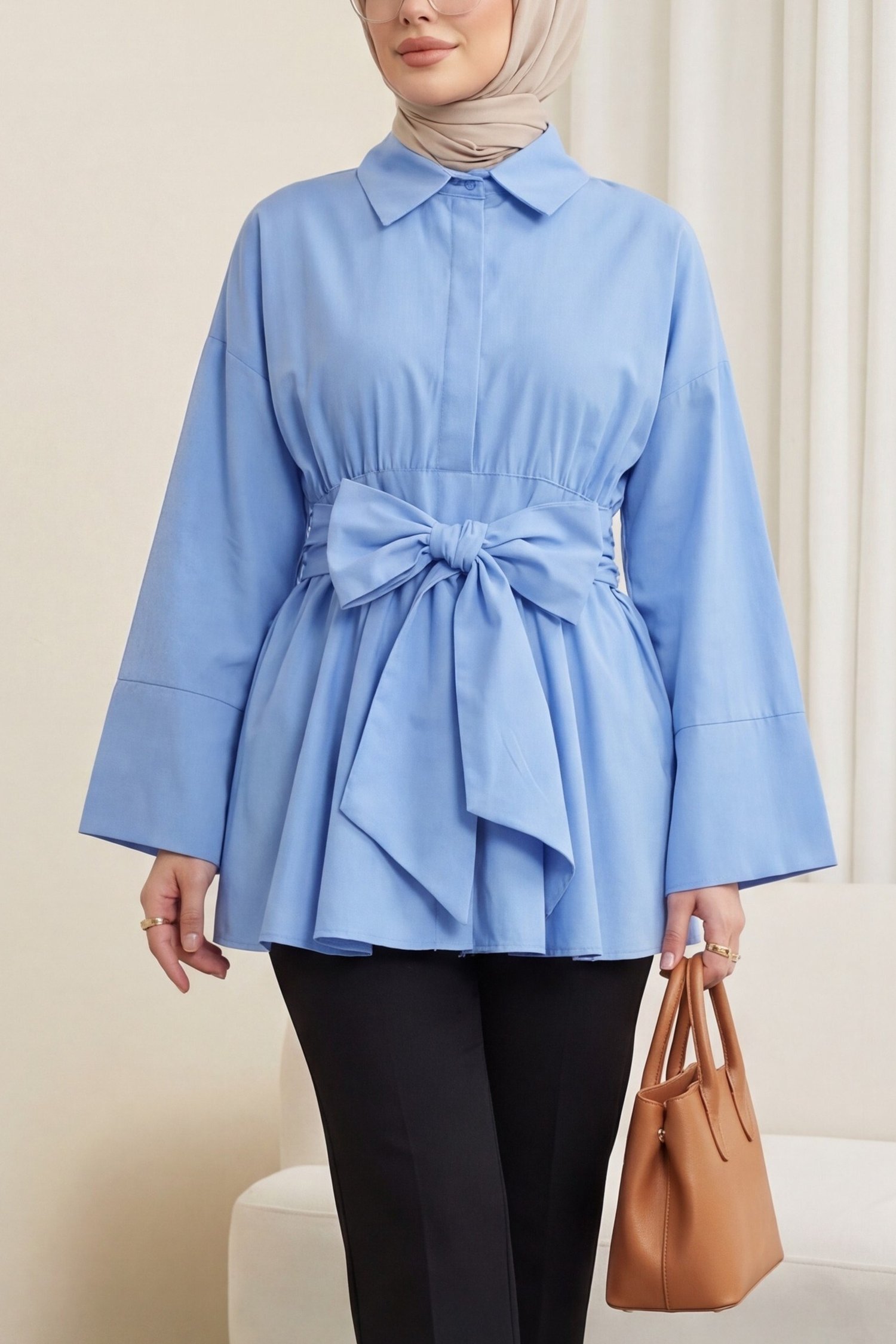 Beli Korsajlı Gizli Patlı Kuşaklı Poplin Tunik -Mavi