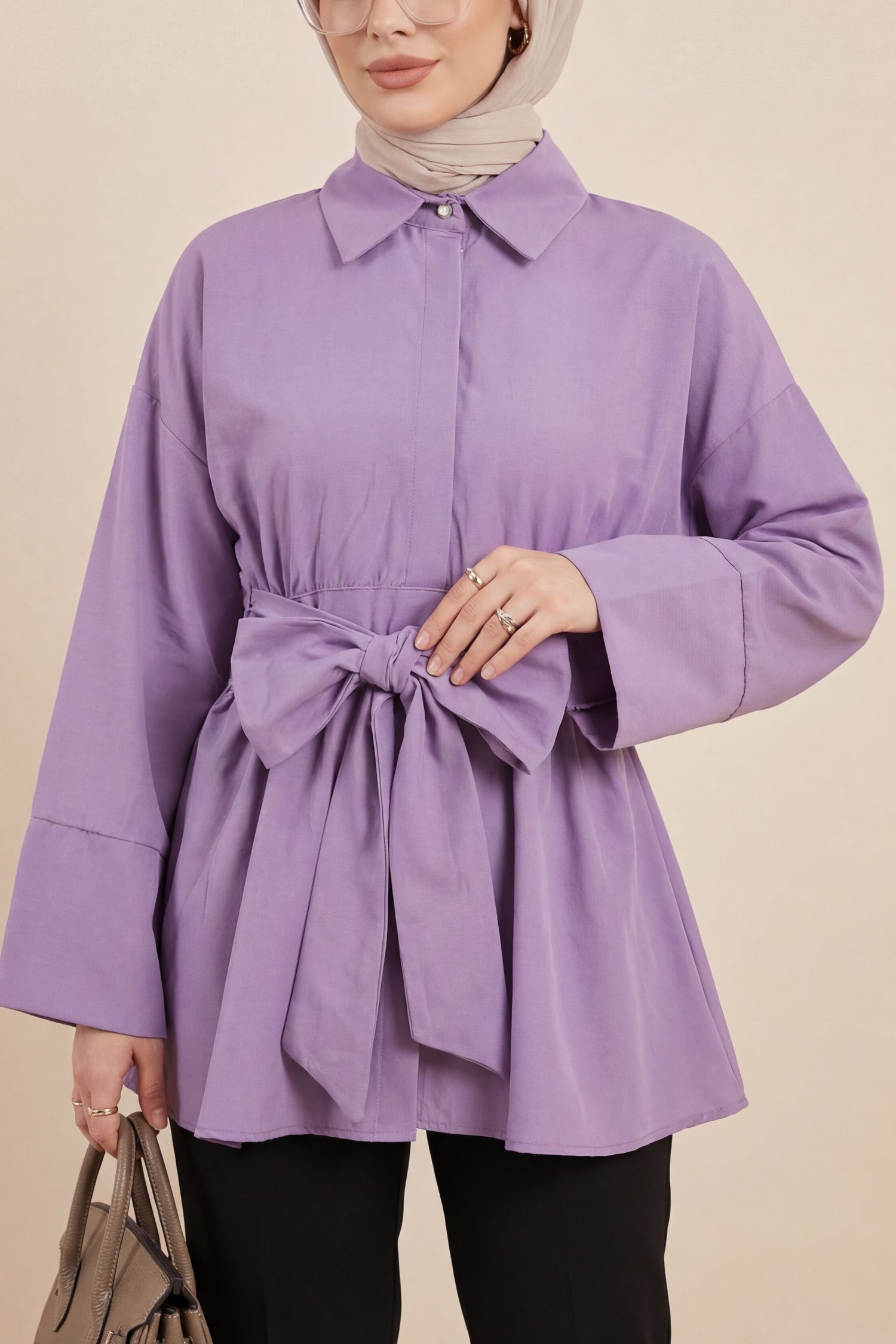 Beli Korsajlı Gizli Patlı Kuşaklı Poplin Tunik -Lila