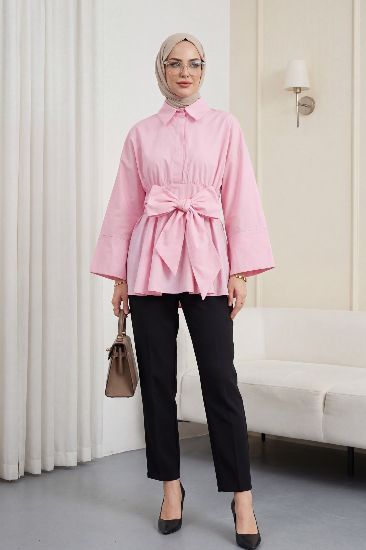 Beli Korsajlı Gizli Patlı Kuşaklı Poplin Tunik -Pembe