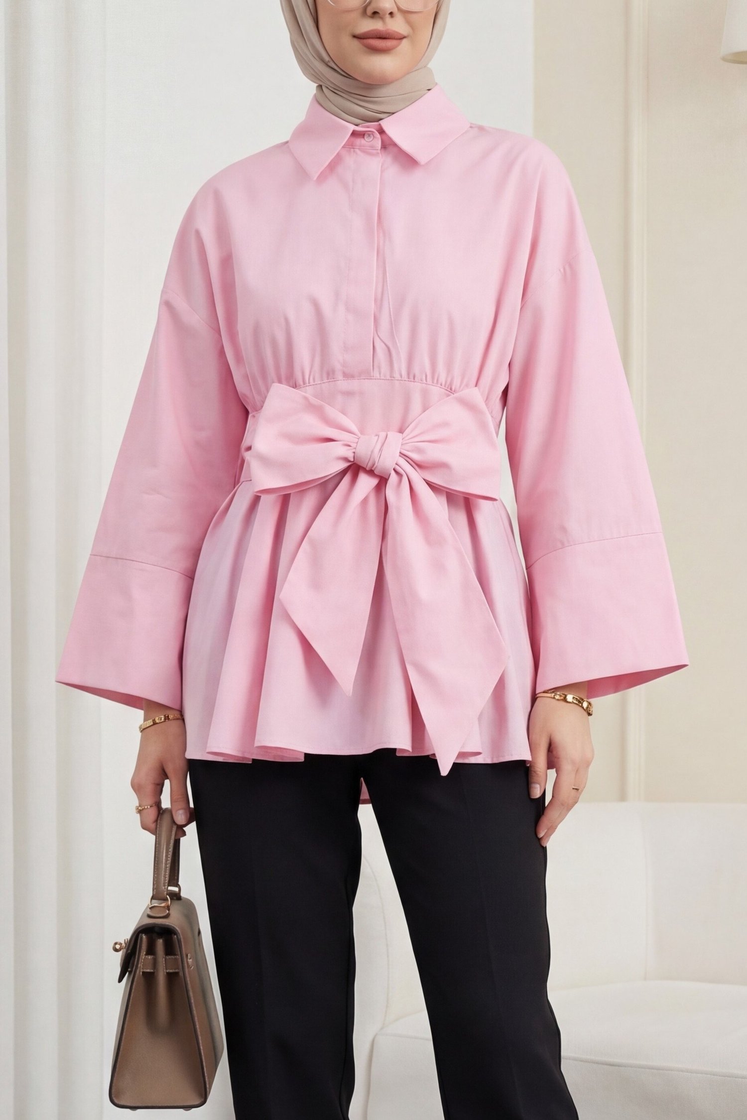 Beli Korsajlı Gizli Patlı Kuşaklı Poplin Tunik -Pembe