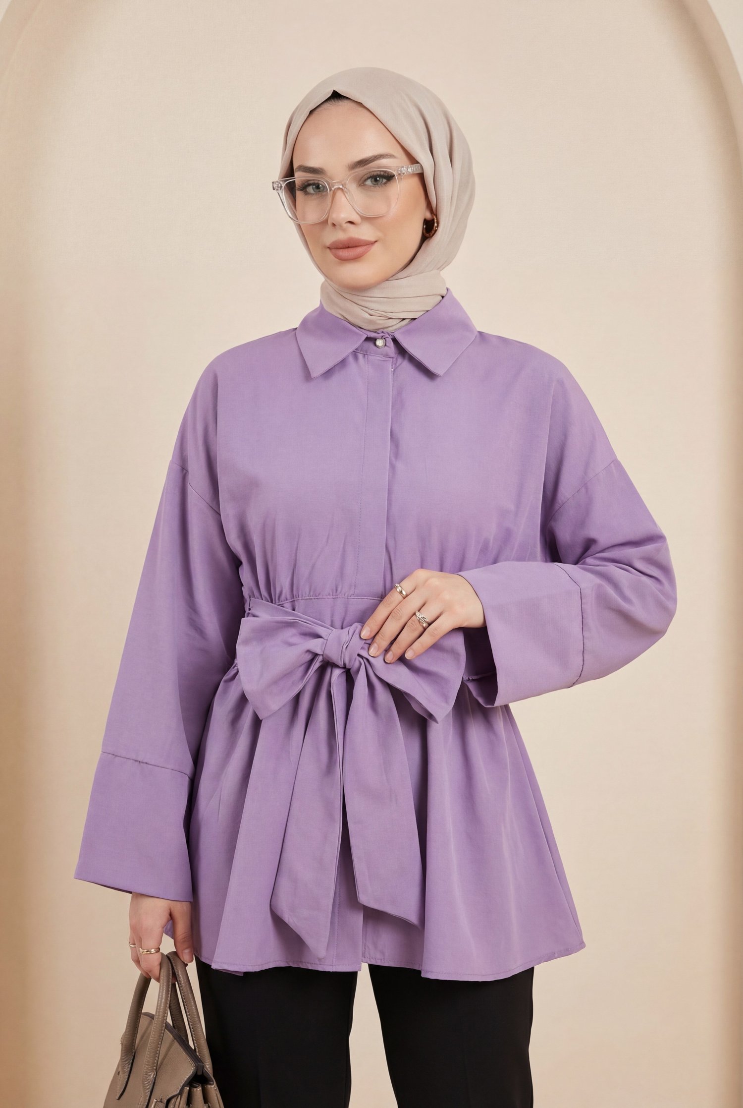 Beli Korsajlı Gizli Patlı Kuşaklı Poplin Tunik -Lila