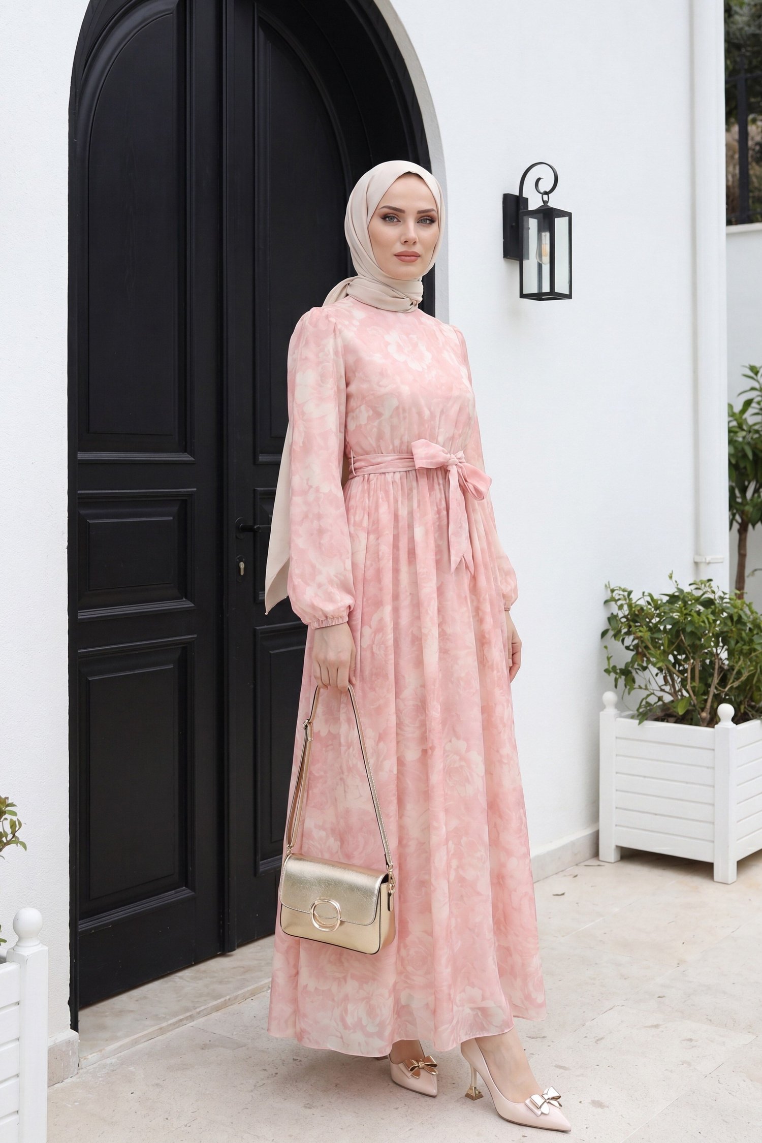 Beli Kuşaklı Balon Kol Astarlı Tül Vual Elbise -Pembe