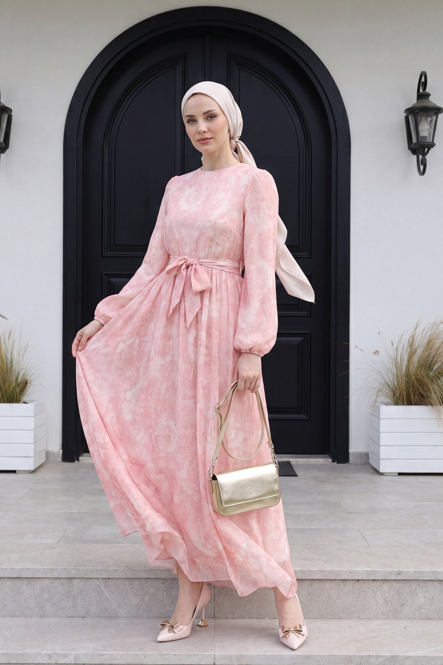 Beli Kuşaklı Balon Kol Astarlı Tül Vual Elbise -Pembe