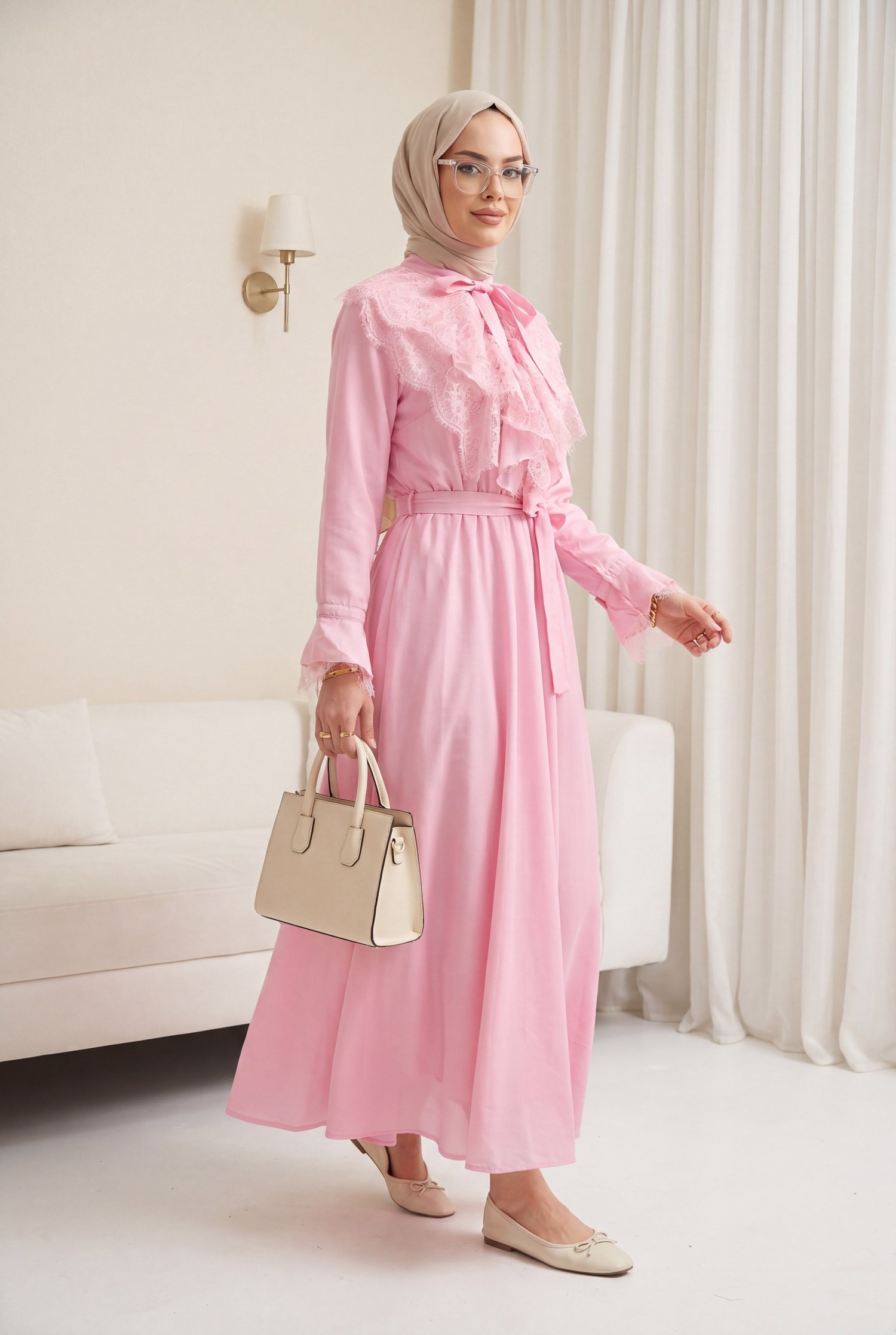 Beli Kuşaklı Lastikli Yarım Düğmeli Yakası Bağlamalı Fırfırlı Astarlı Cupra Elbise     -Pembe
