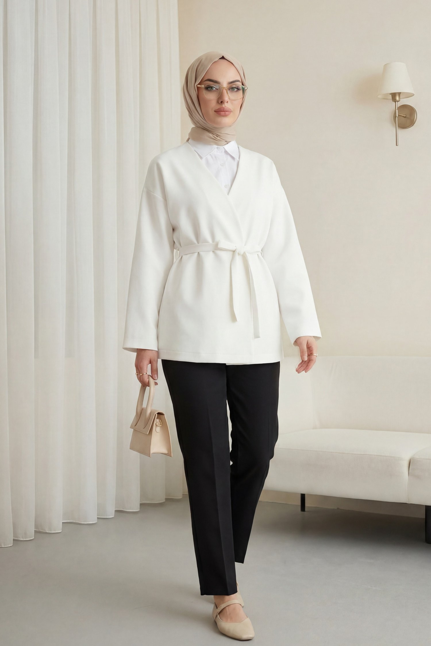 Beli Kuşaklı V Yaka  Scuba Kimono  -Beyaz