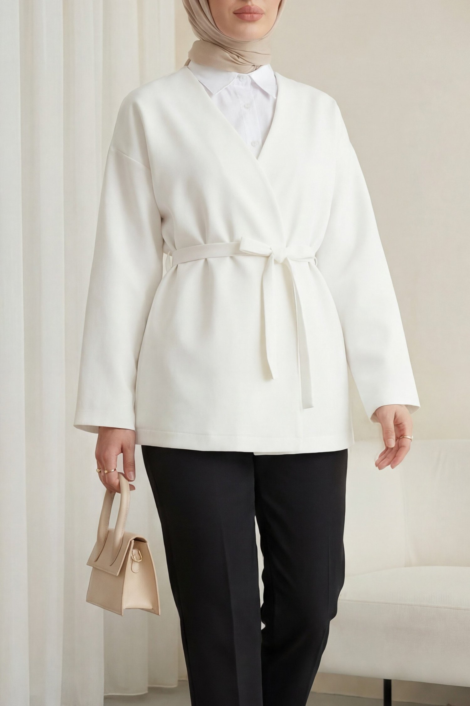Beli Kuşaklı V Yaka  Scuba Kimono  -Beyaz