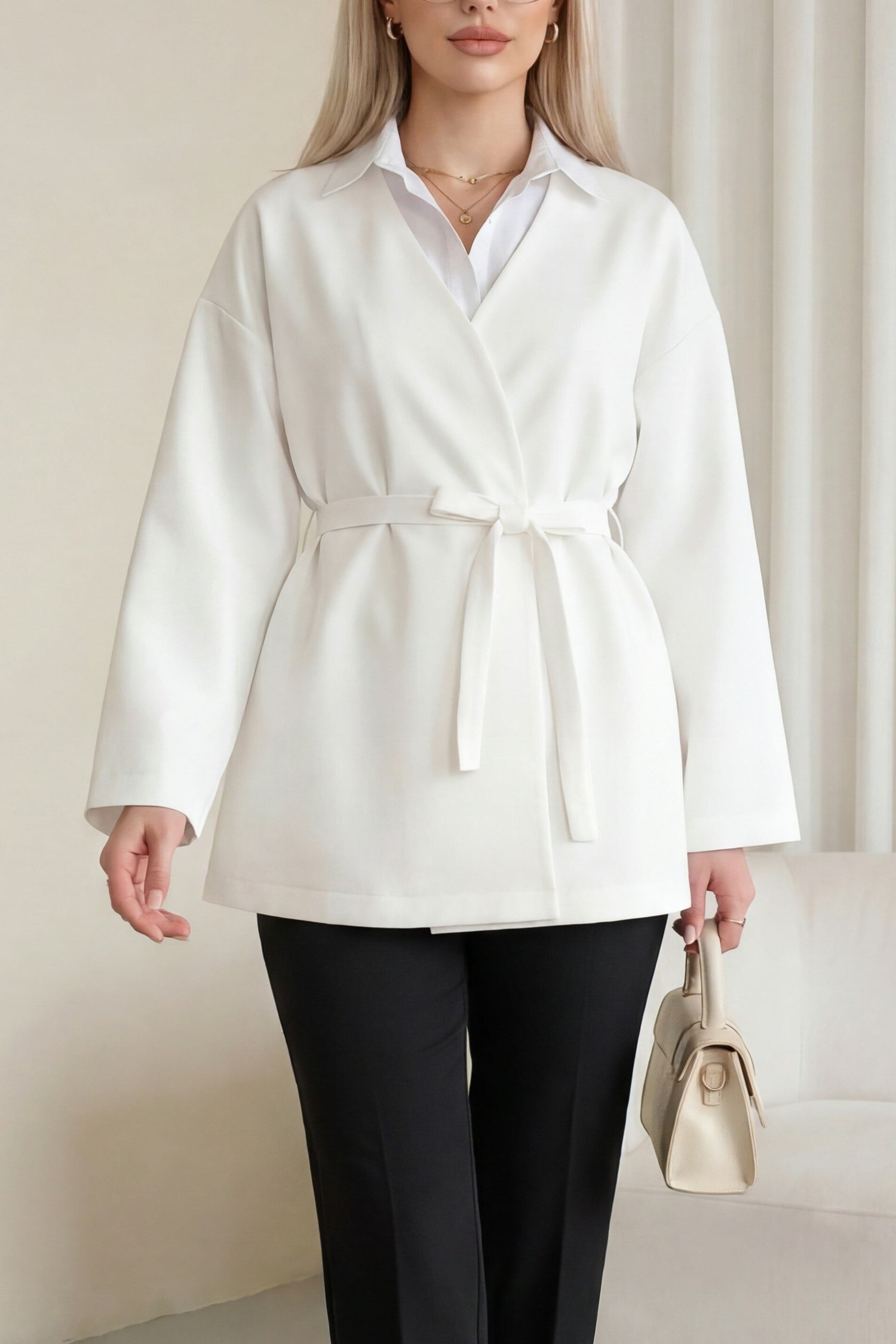 Beli Kuşaklı V Yaka  Scuba Kimono  -Beyaz