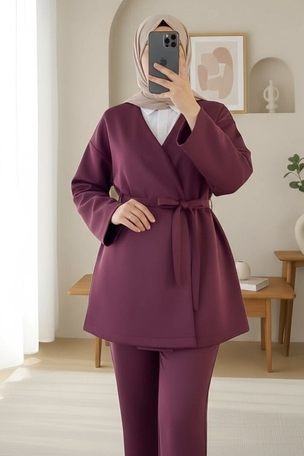 Beli Kuşaklı V Yaka  Scuba Kimono  -Bordo