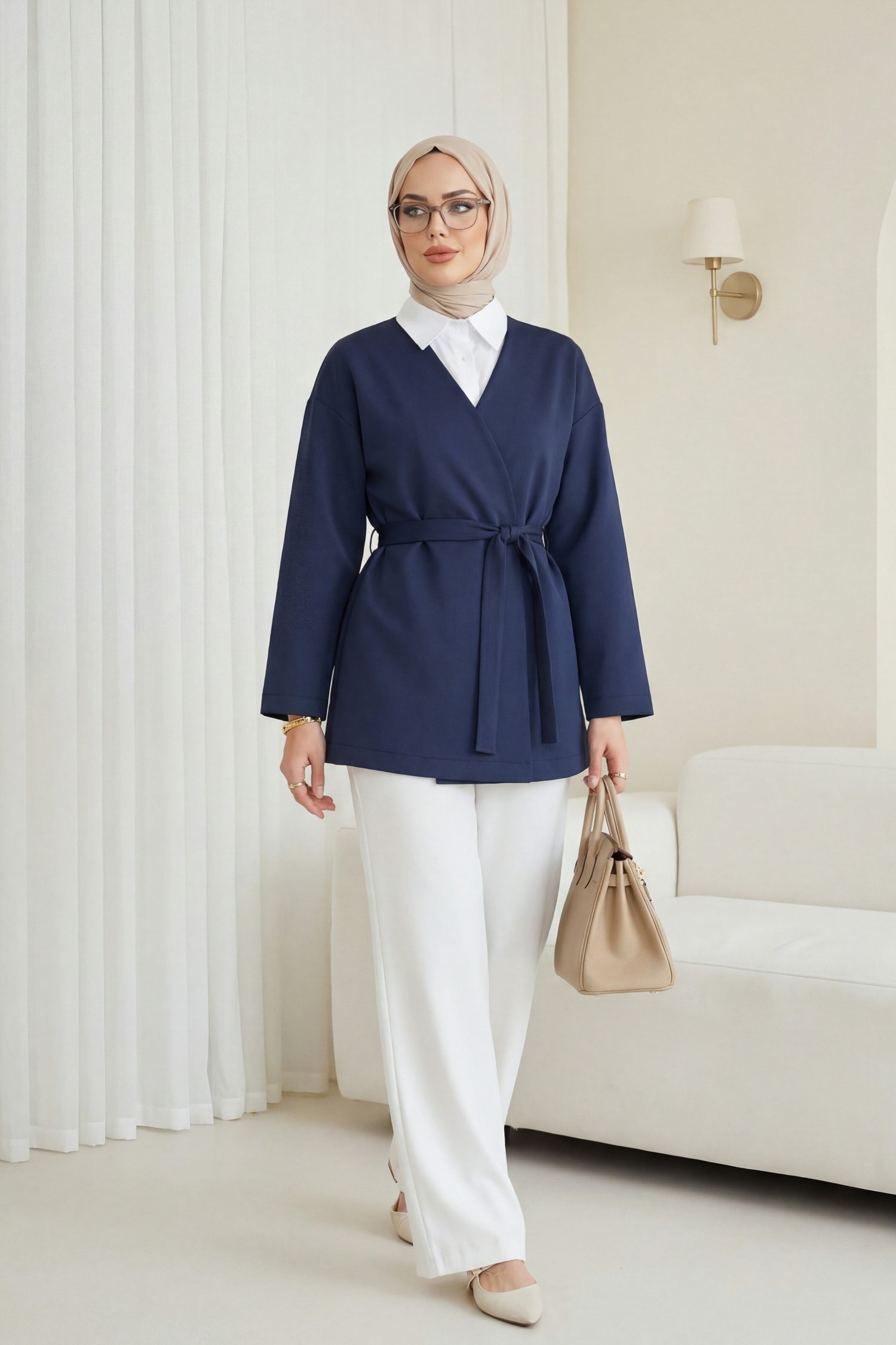 Beli Kuşaklı V Yaka  Scuba Kimono  -Laci