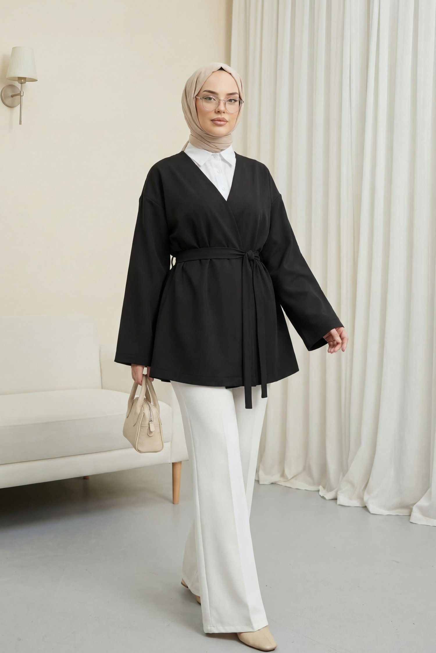 Beli Kuşaklı V Yaka  Scuba Kimono  -Siyah