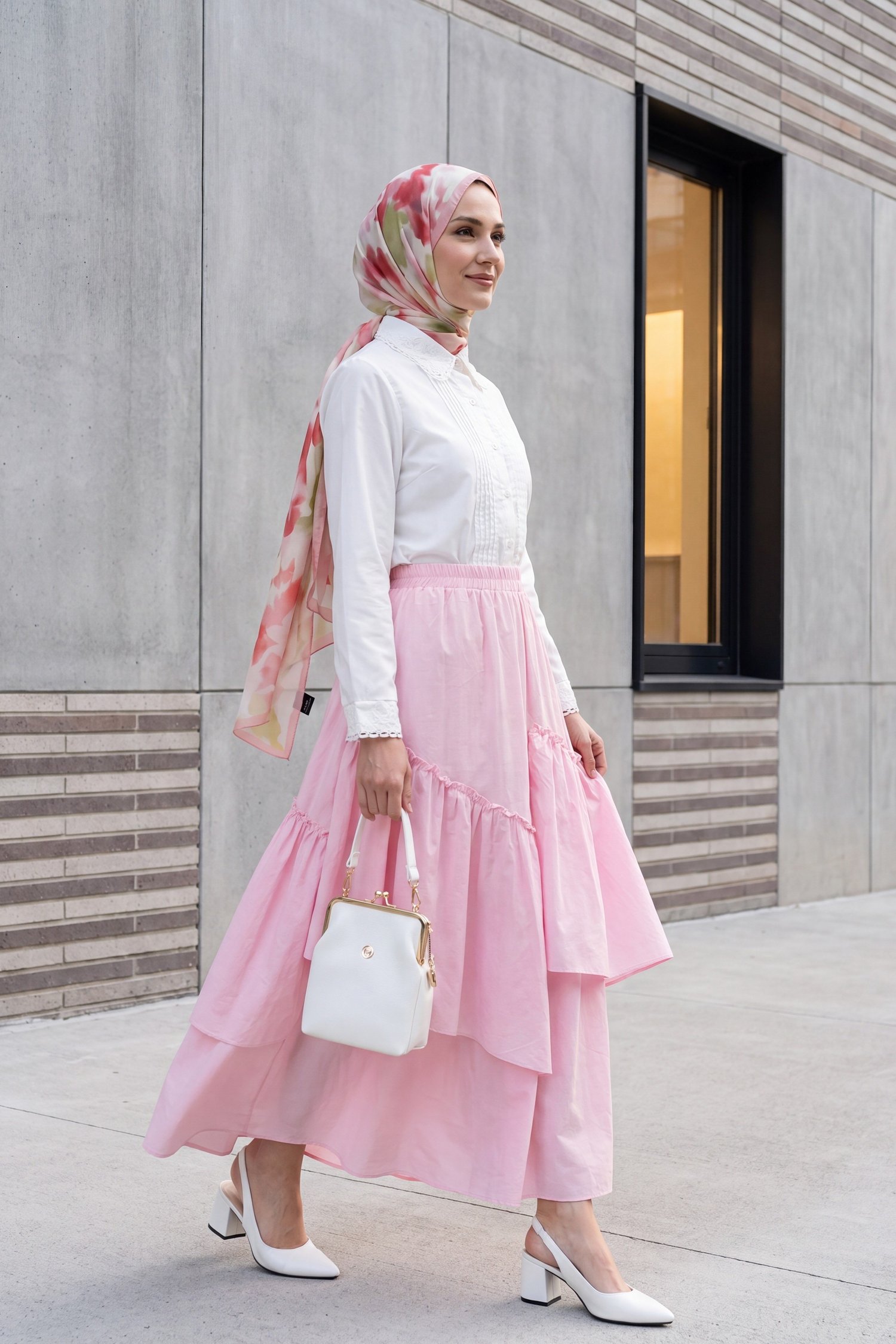 Beli Lastikli Asimetrik Fırfırlı Astarlı Vual Etek -Pembe