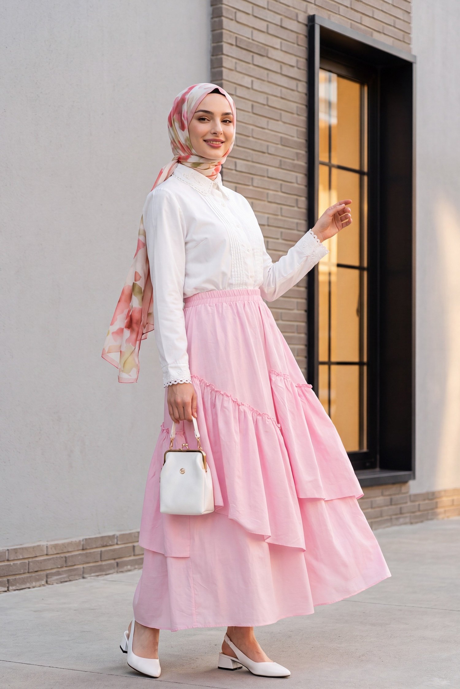 Beli Lastikli Asimetrik Fırfırlı Astarlı Vual Etek -Pembe