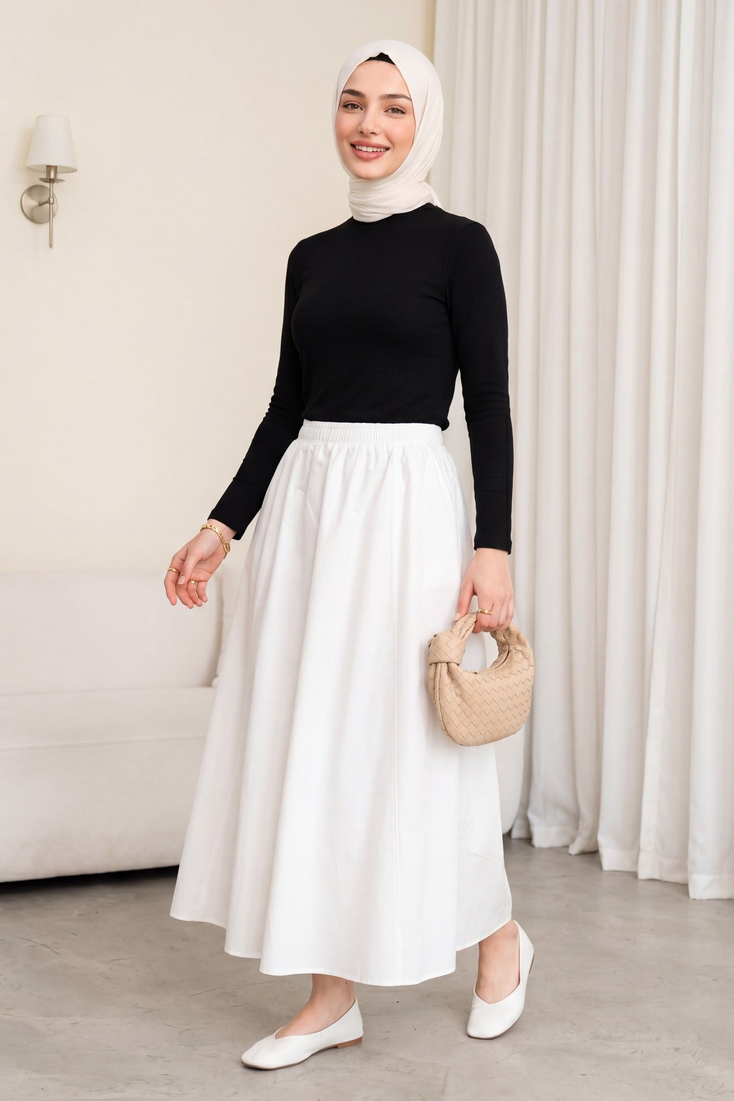 Beli Lastikli Astarlı Cepli Paraşüt Etek -Beyaz