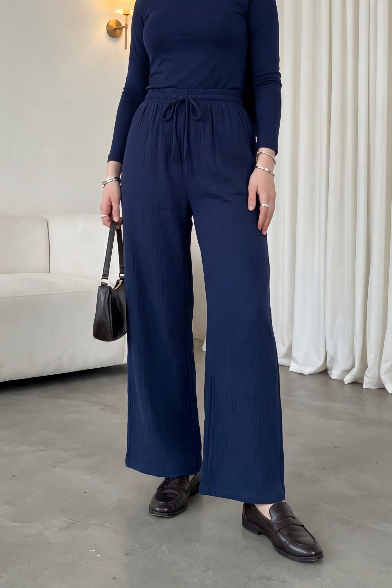 Beli Lastikli Bağcıklı Bol Paça Müslin Pantolon  -Lacivert