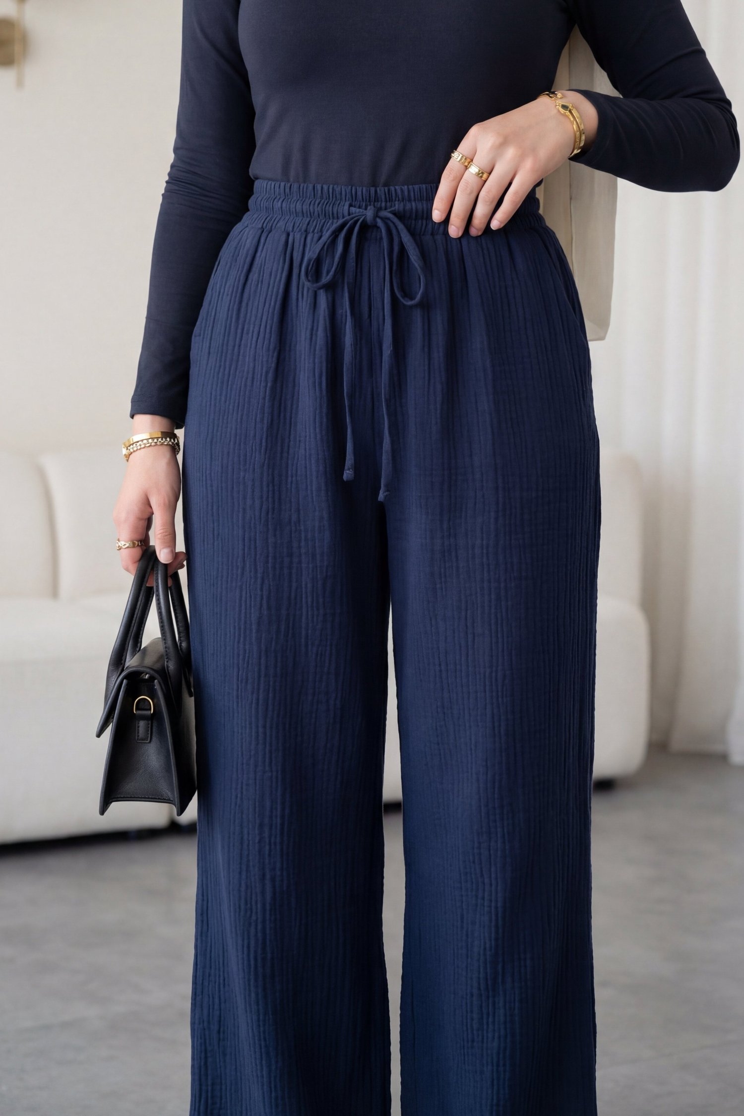 Beli Lastikli Bağcıklı Bol Paça Müslin Pantolon  -Lacivert