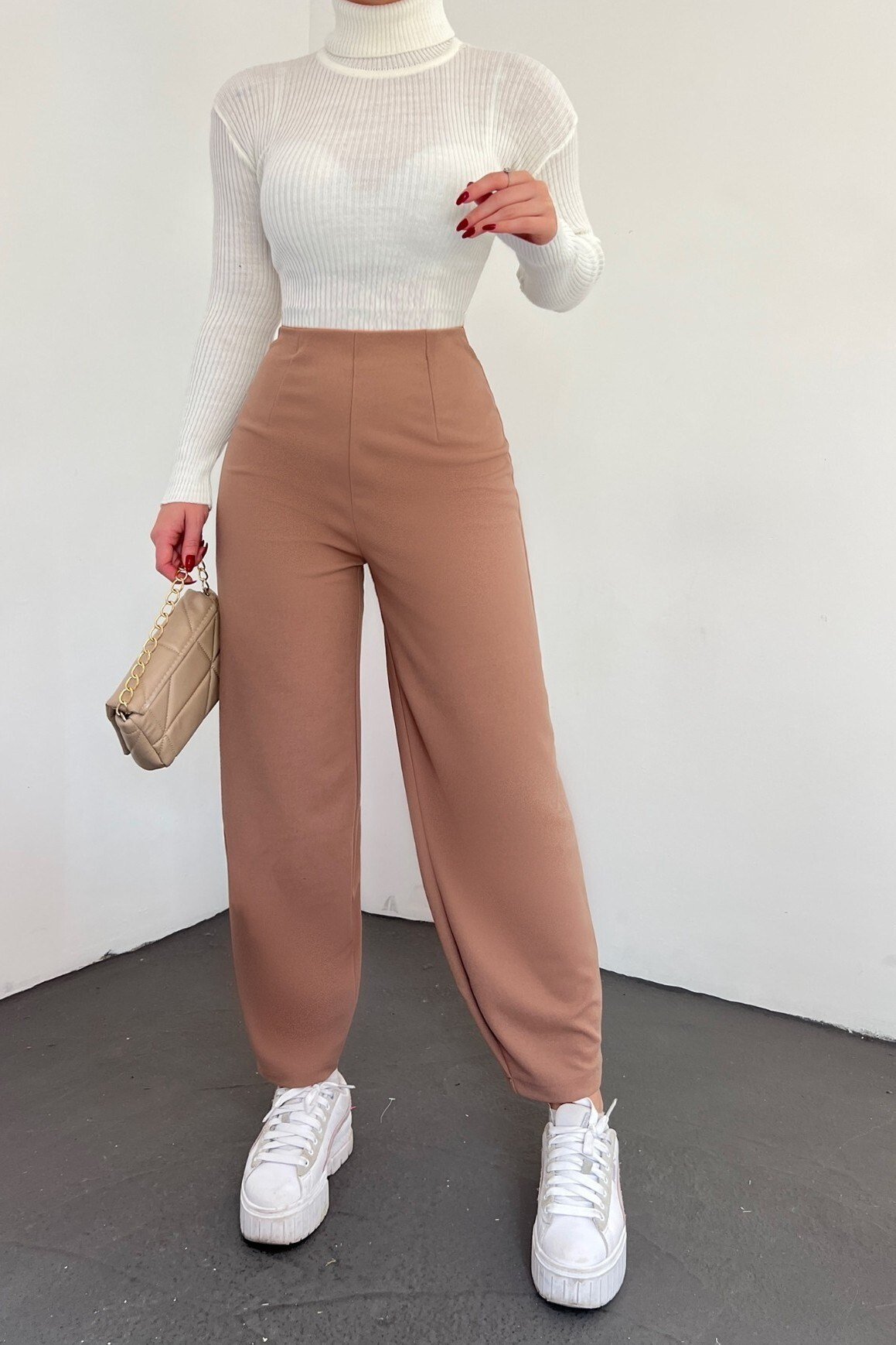 Beli Lastikli Balon Pantolon -Vizon