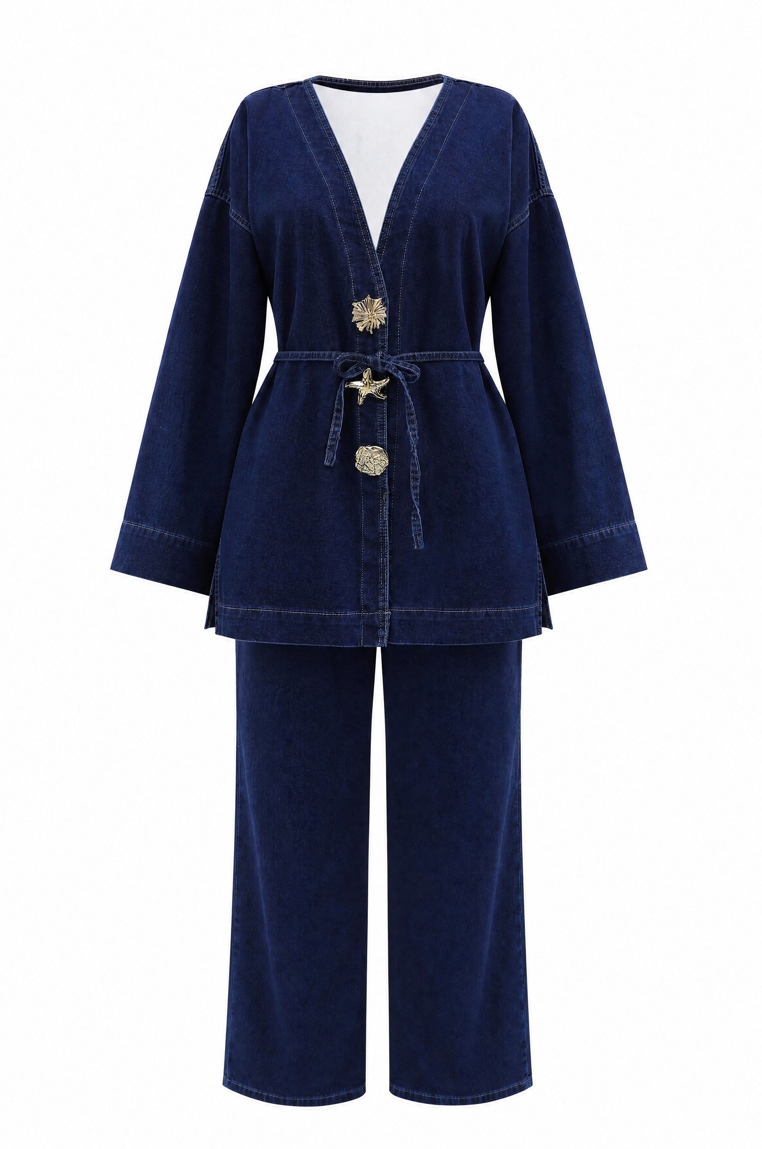 Beli Lastikli Bol Paça Pantolonlu Bağcıklı Kot Kimono Takım -Koyu Mavi