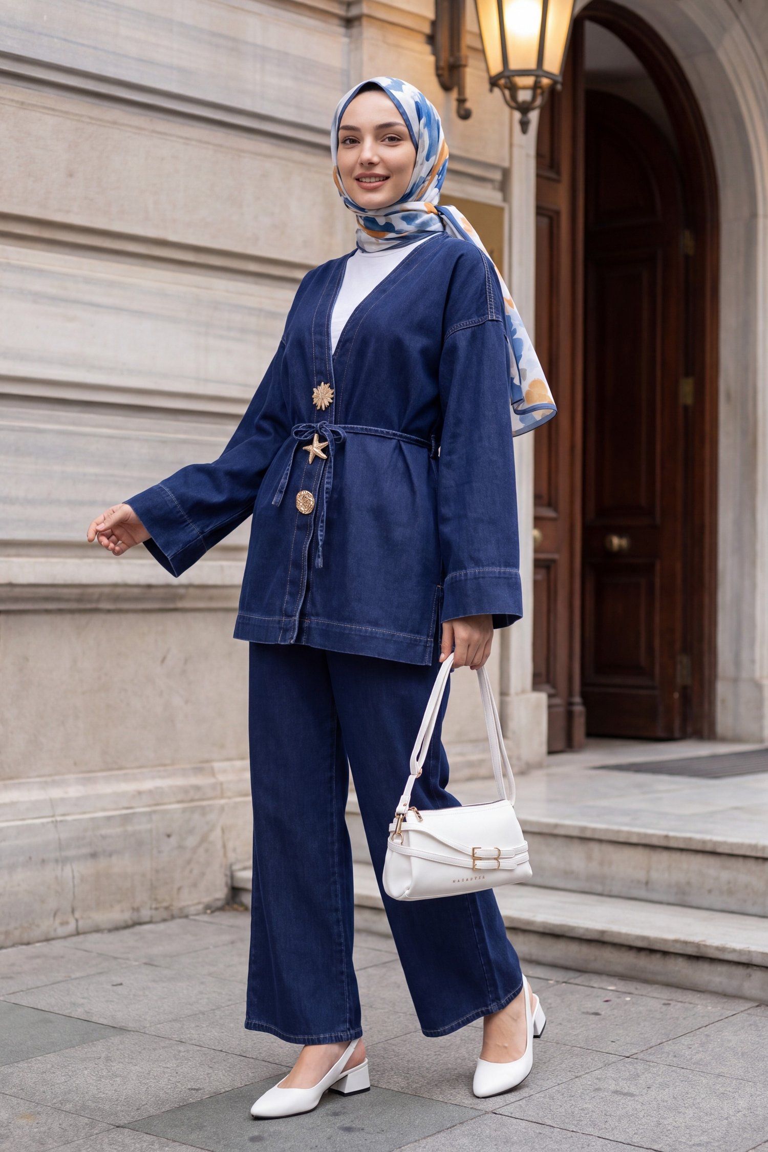 Beli Lastikli Bol Paça Pantolonlu Bağcıklı Kot Kimono Takım -Koyu Mavi