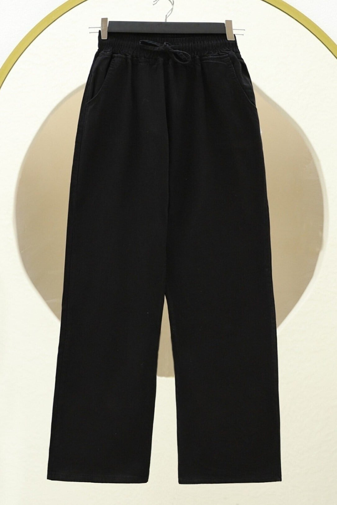 Beli Lastikli Cepli Bol Paça Kot Pantolon  -Siyah