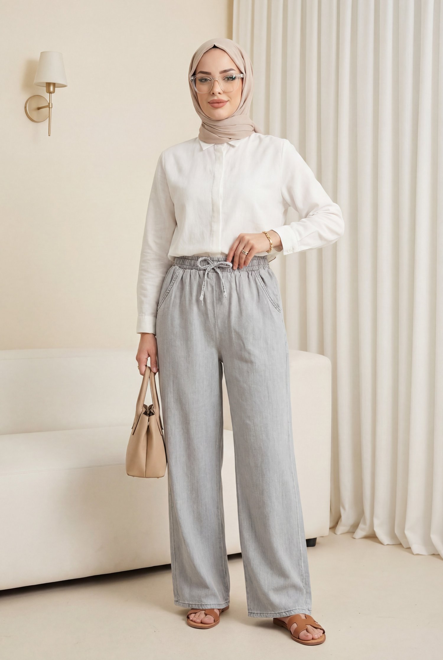 Beli Lastikli Cepli Bol Paça Kot Pantolon         -Gri