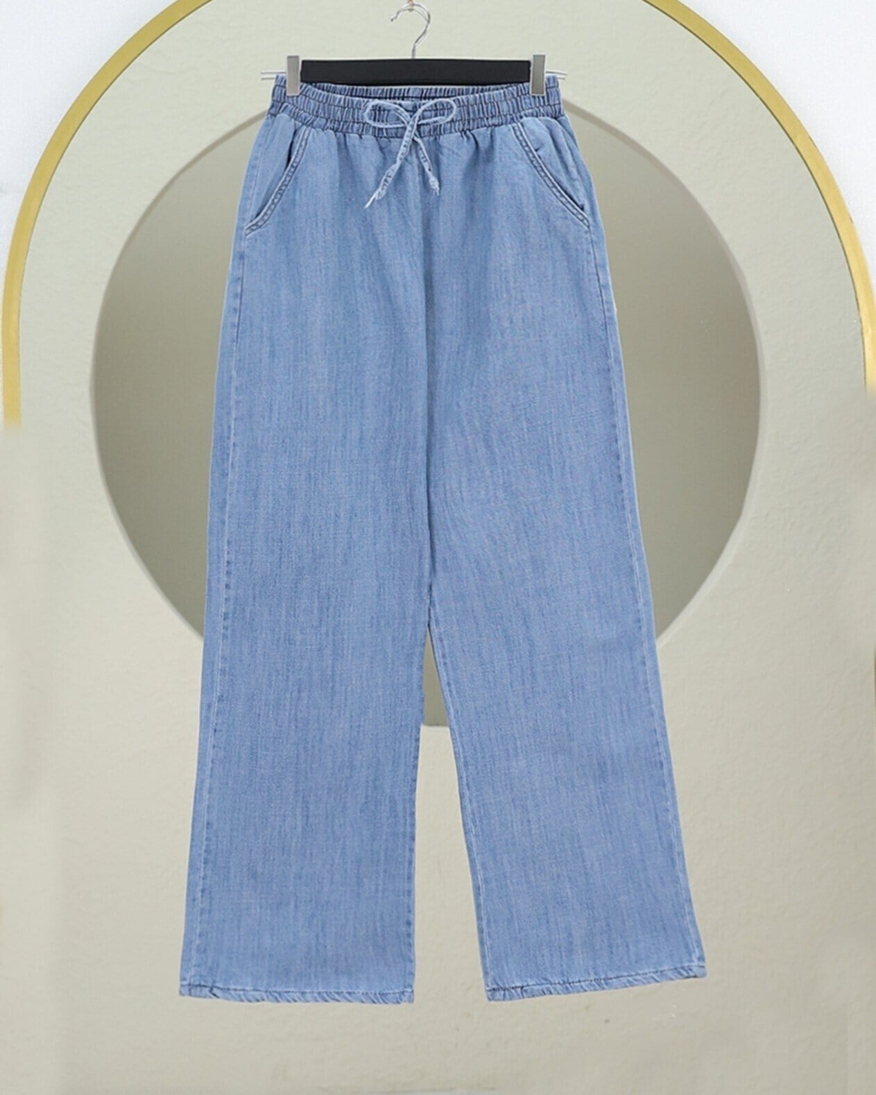 Beli Lastikli Cepli Bol Paça Kot Pantolon -Buz Mavi