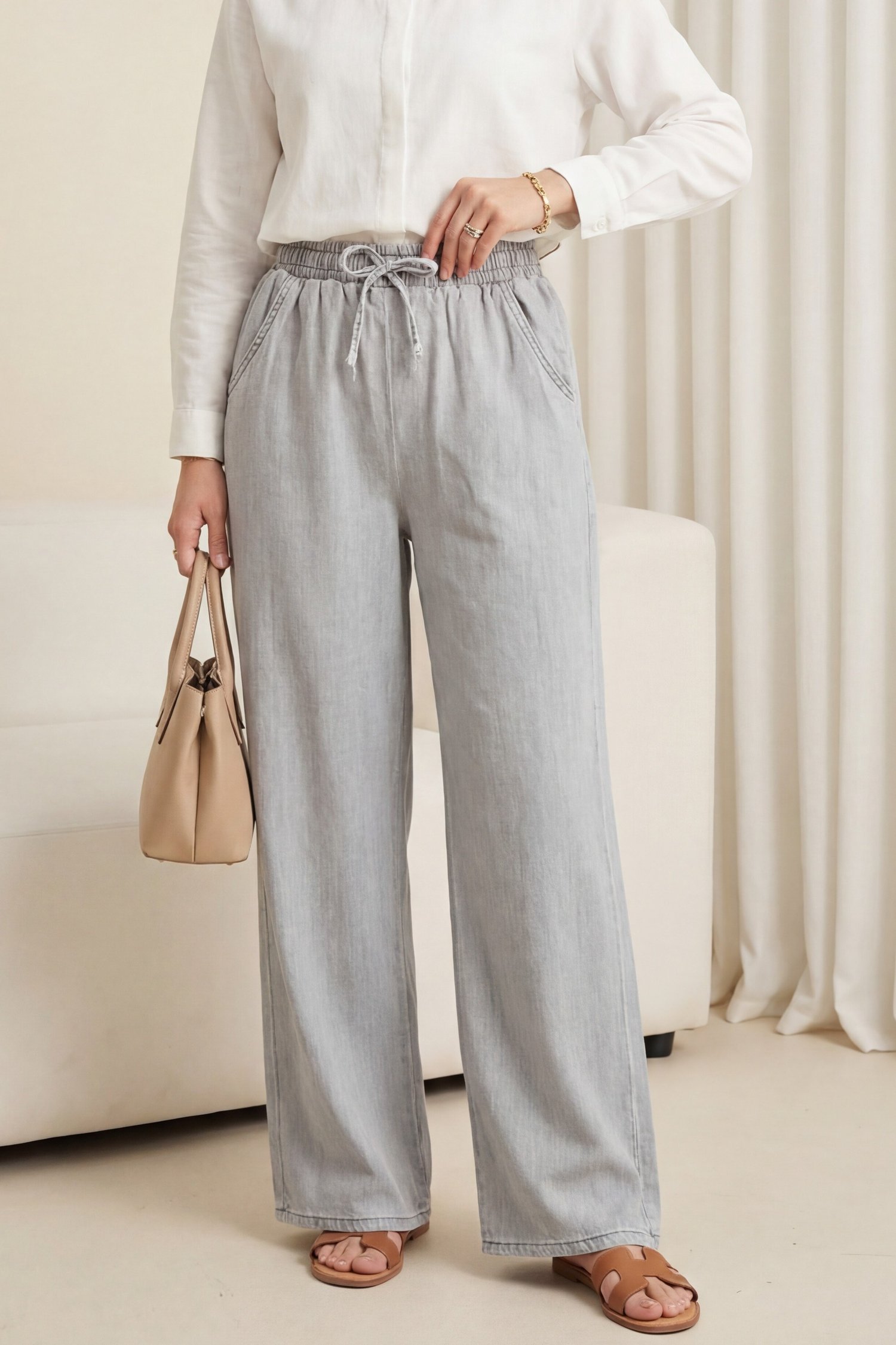 Beli Lastikli Cepli Bol Paça Kot Pantolon         -Gri