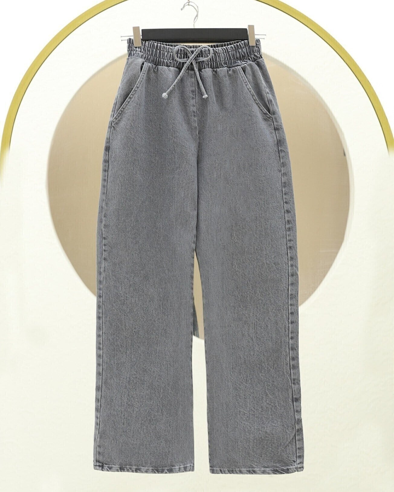Beli Lastikli Cepli Bol Paça Kot Pantolon   -Füme