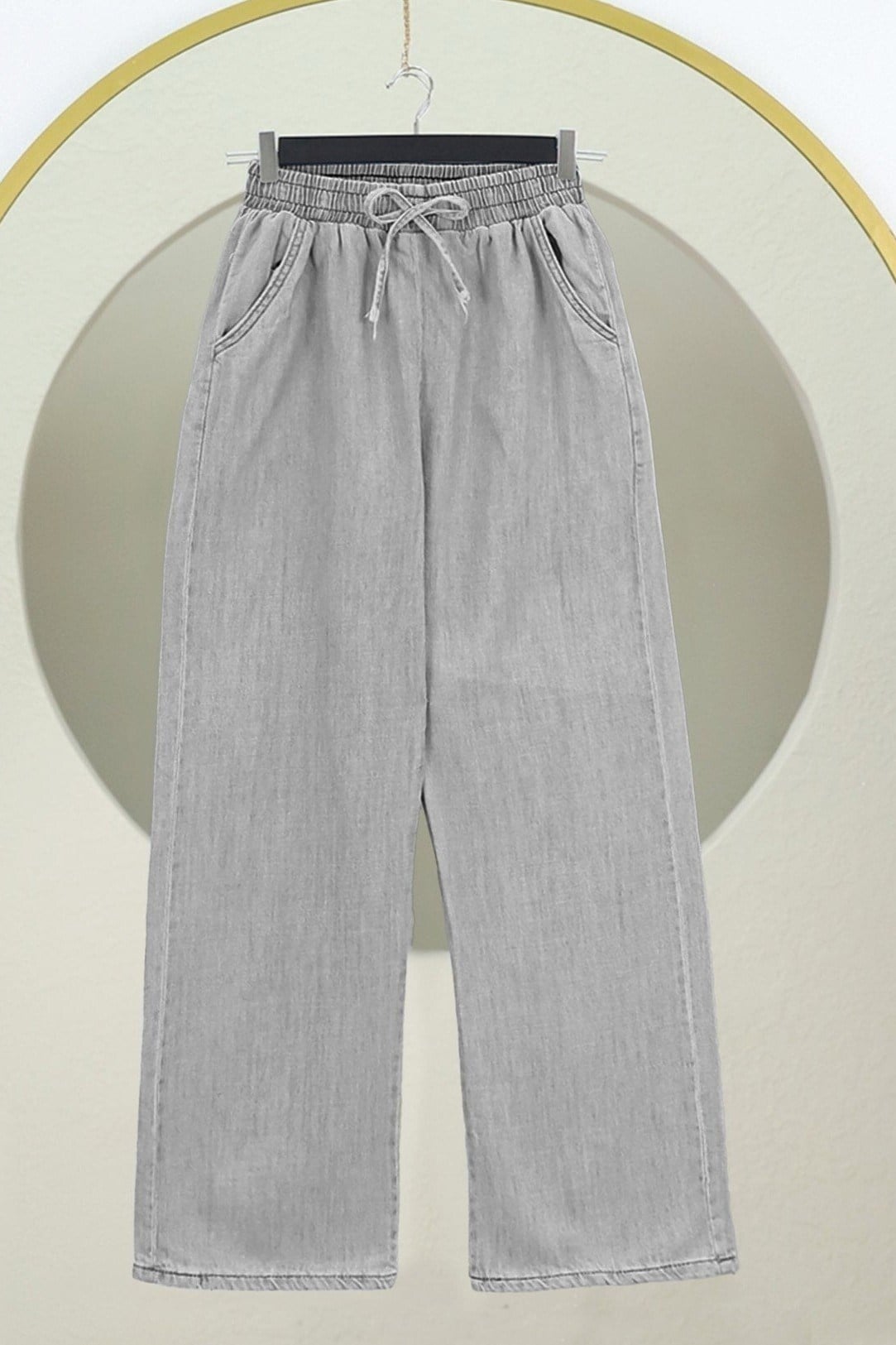 Beli Lastikli Cepli Bol Paça Kot Pantolon         -Gri