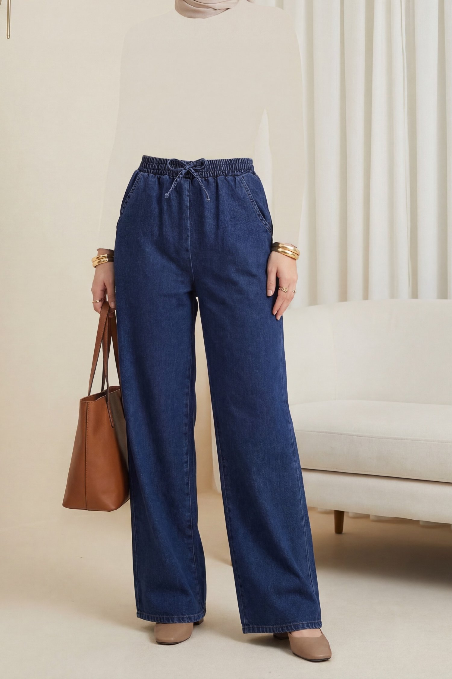 Beli Lastikli Cepli Bol Paça Kot Pantolon    -Laci