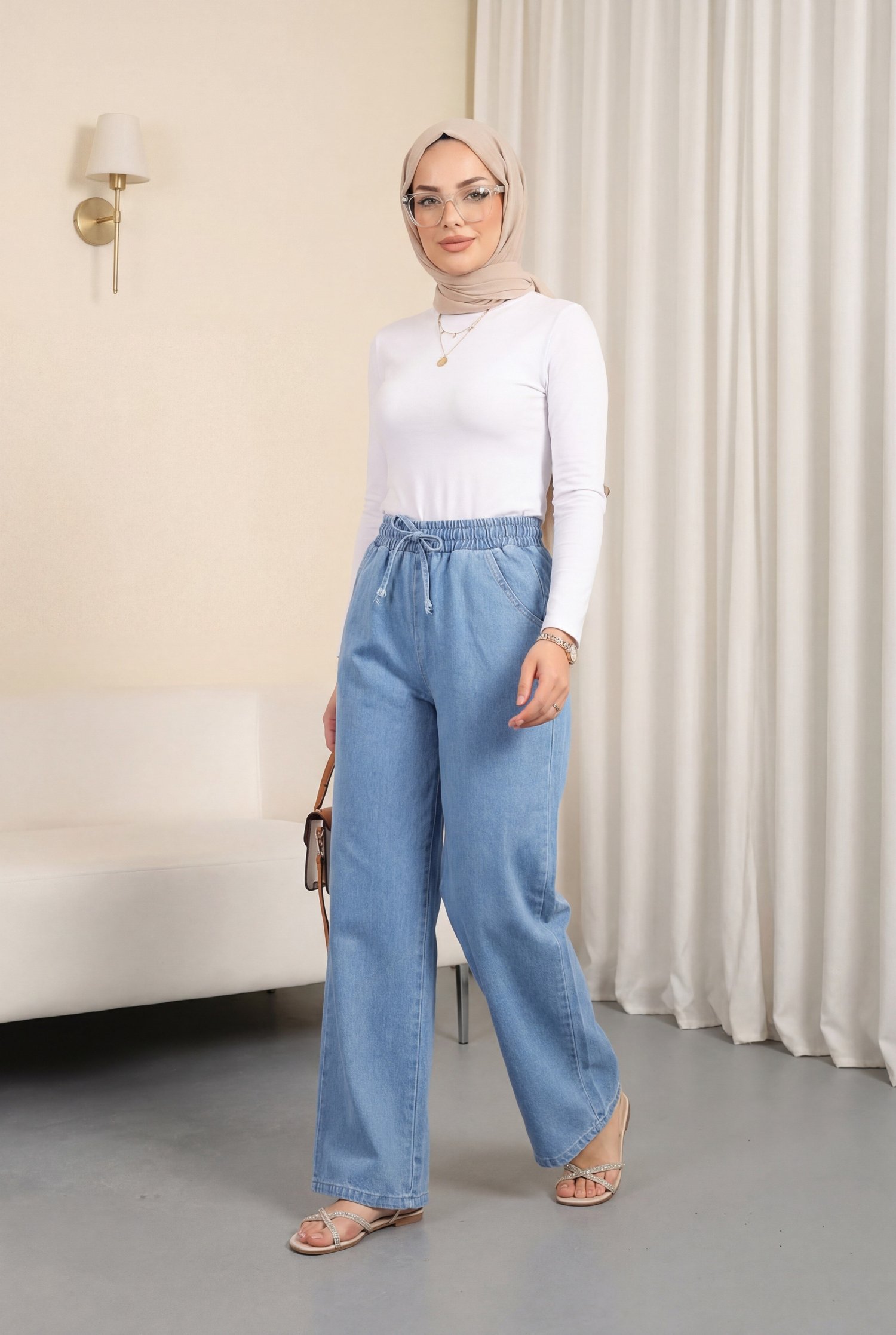 Beli Lastikli Cepli Bol Paça Kot Pantolon      -Açık Mavi