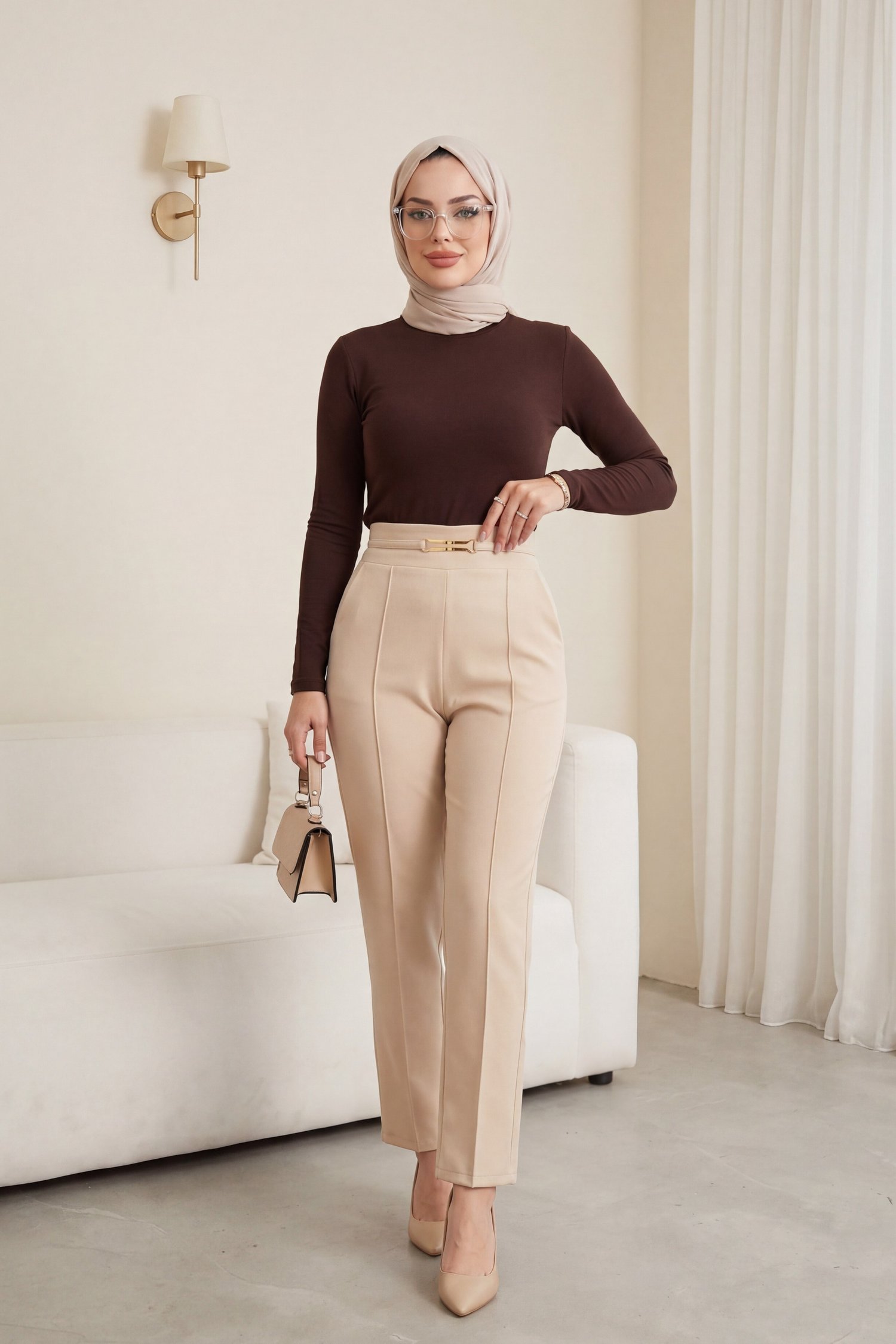 Beli Lastikli Cepli Metal Detaylı Pantolon -Bej