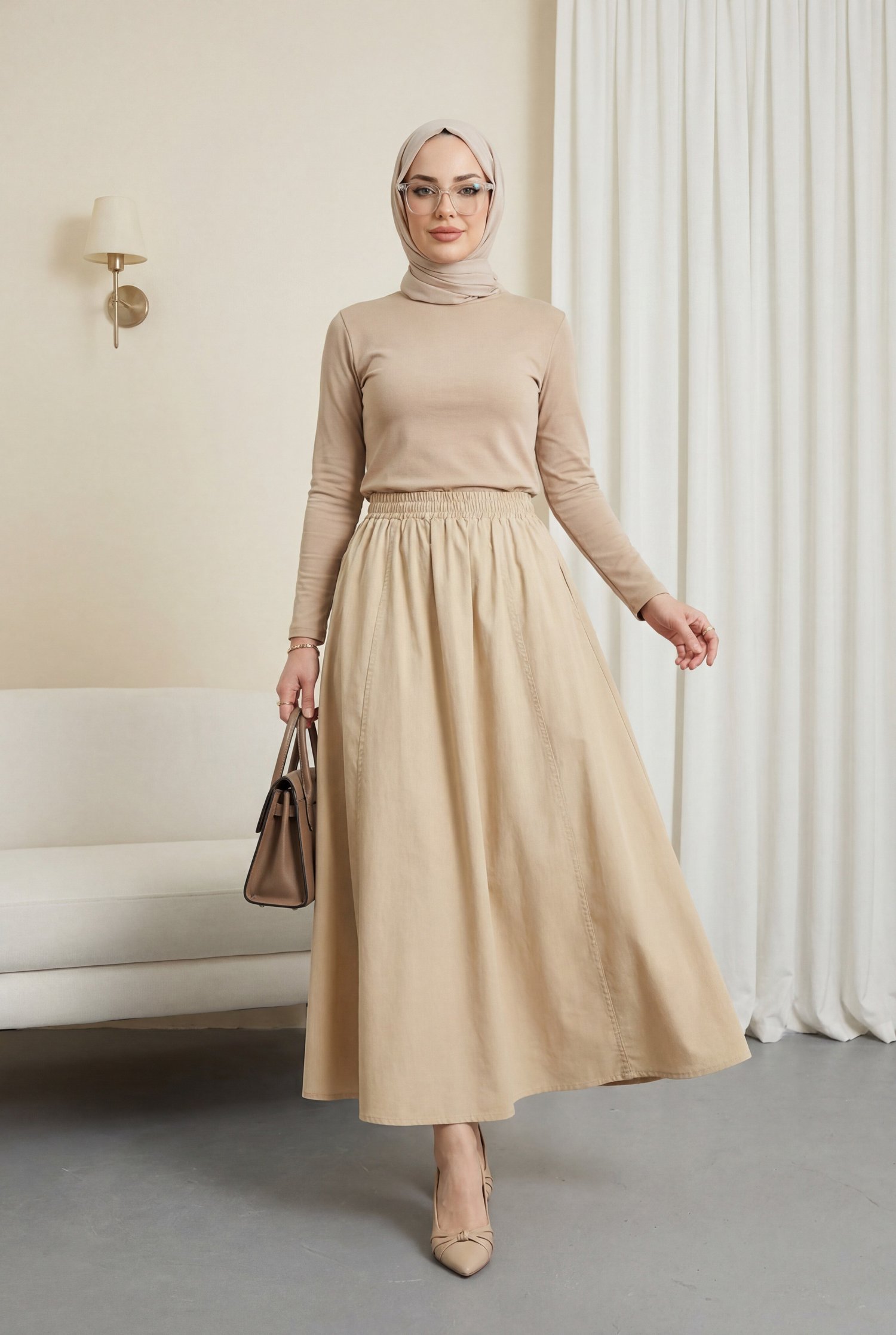 Beli Lastikli Çift Cepli Poplin Kloş Etek        -Sarı